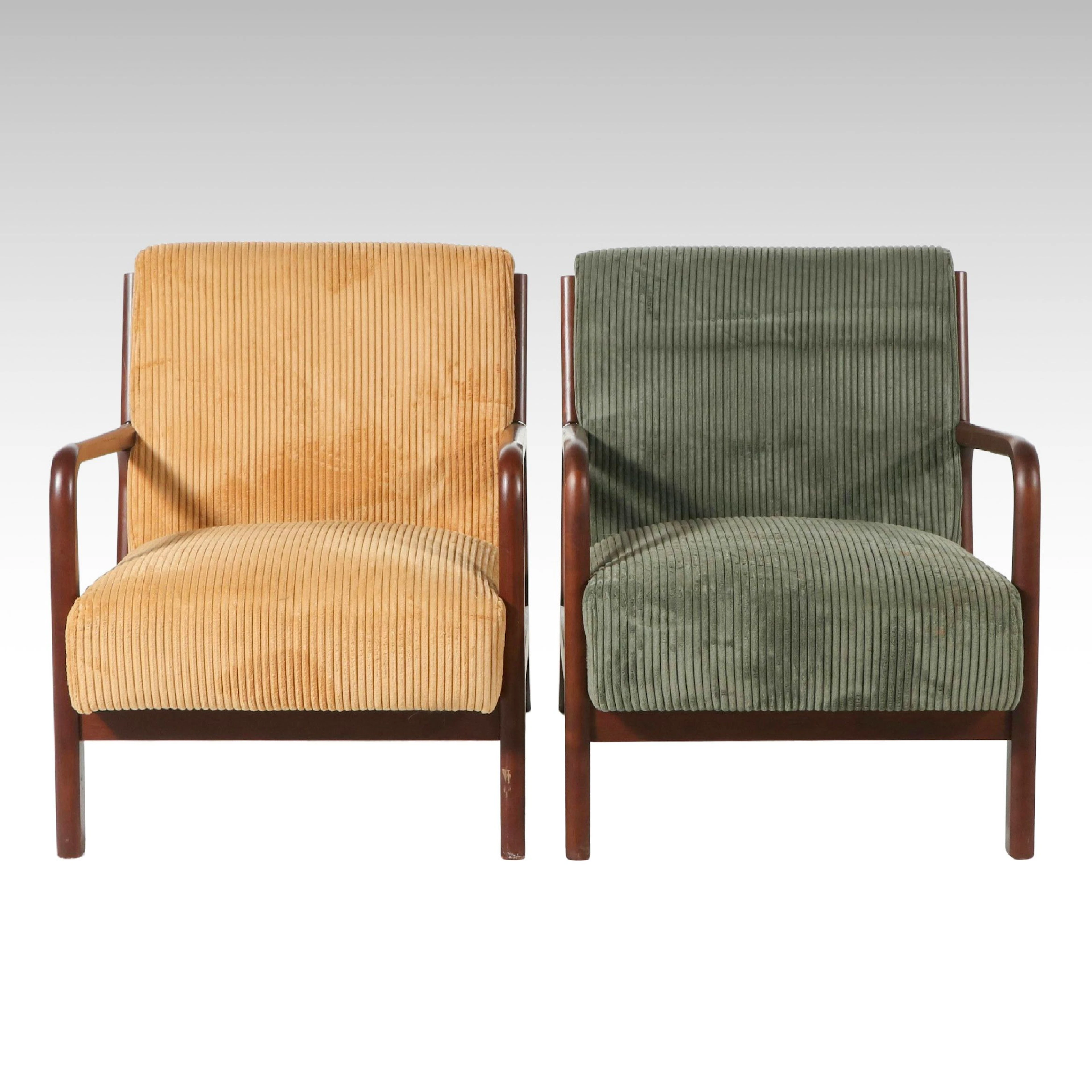 Pair of Win Wood Co. Mid Century Modern Corduroy Upholstered Lounge Chairs