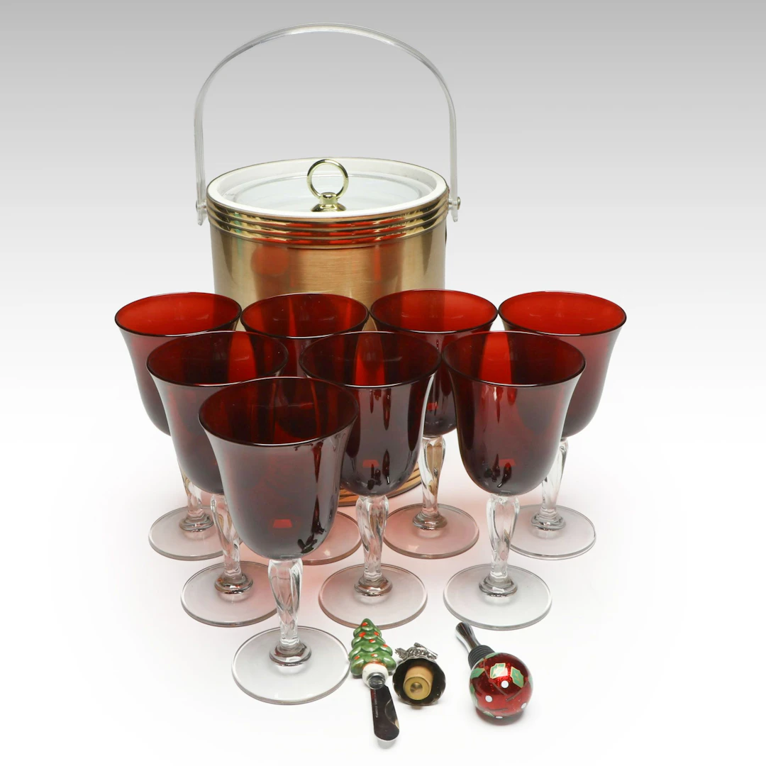 Ruby Glass Goblets with Holiday Themed Accessories and Ice Bucket