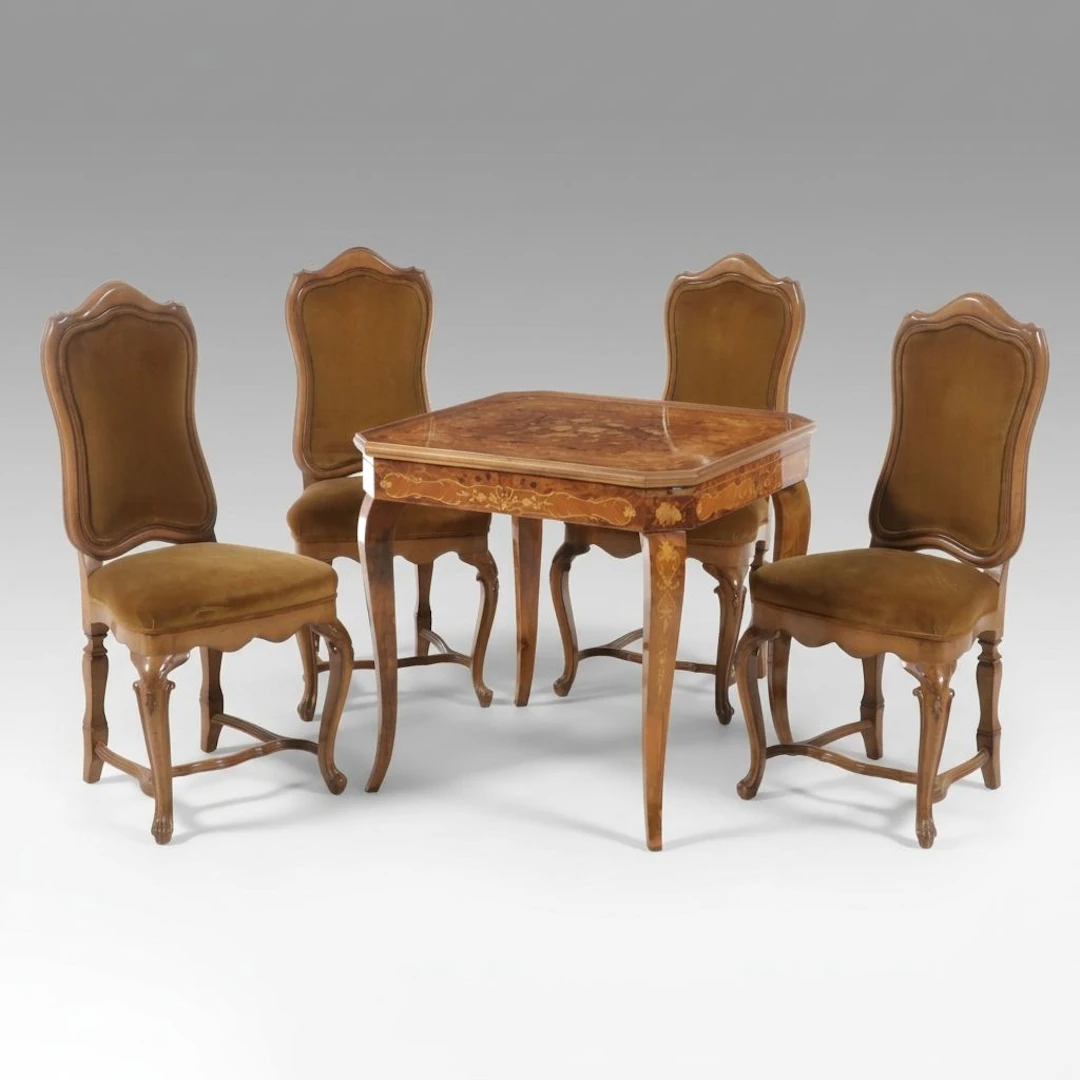 Italian Marquetry Multi-Game Table and Four Chairs, Mid to Late 20th Century