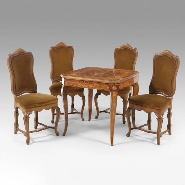 Italian Marquetry Multi-Game Table and Four Chairs, Mid to Late 20th Century