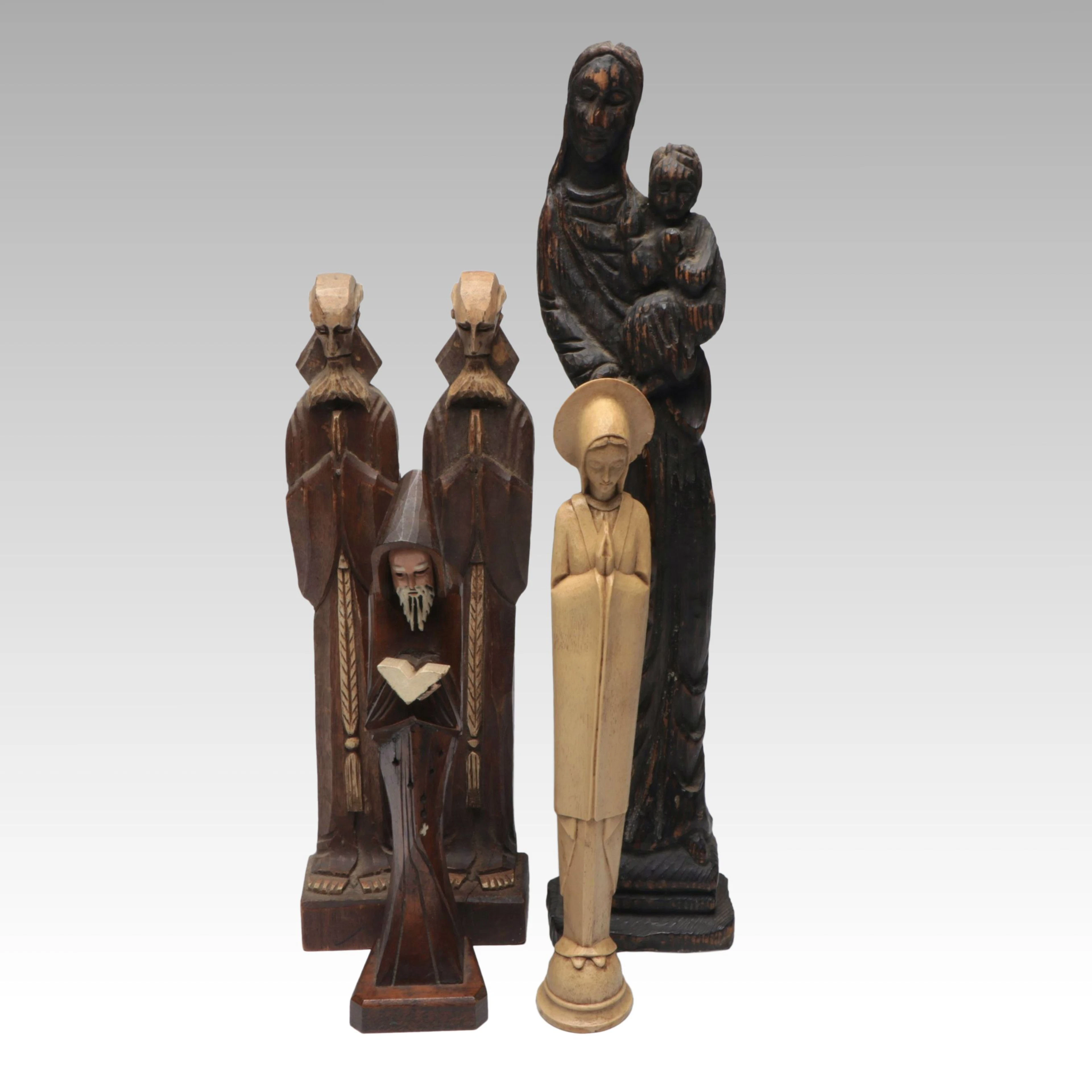 Carved Wood and Resin Mother and Child, Praying Monk Wall Figurines