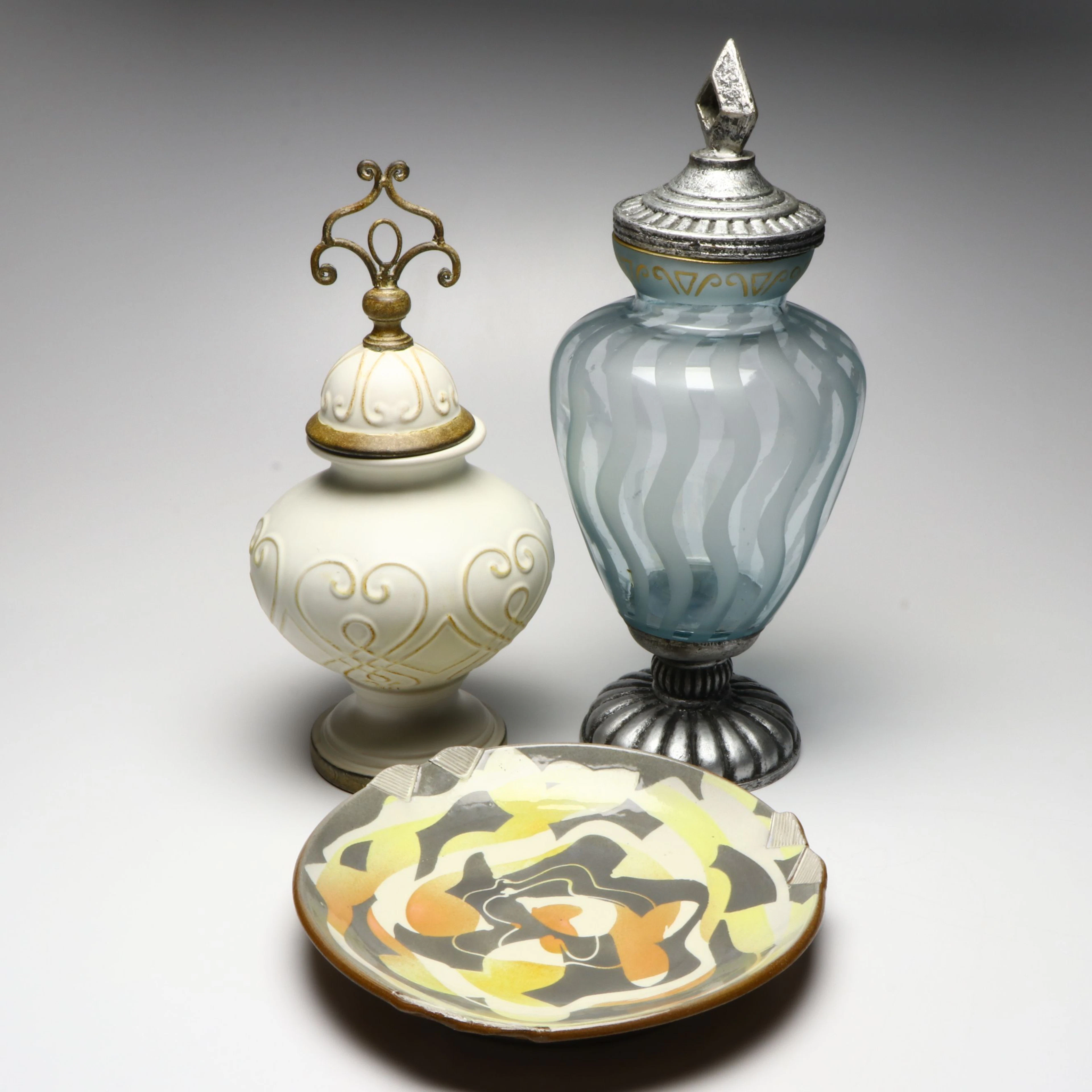 Artist Signed Art Pottery Plate with Decorative Glass and Ceramic Urns