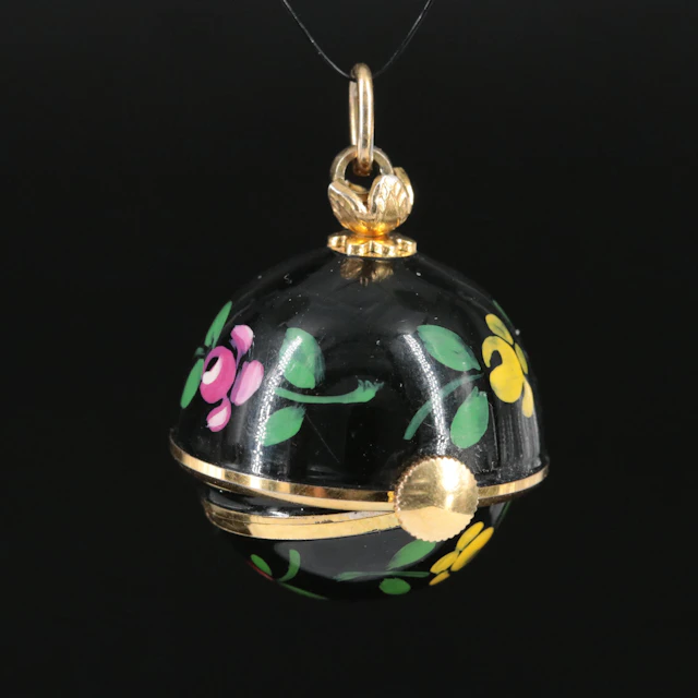 Bucherer Black Enamel Floral Design Ball Pendant Watch