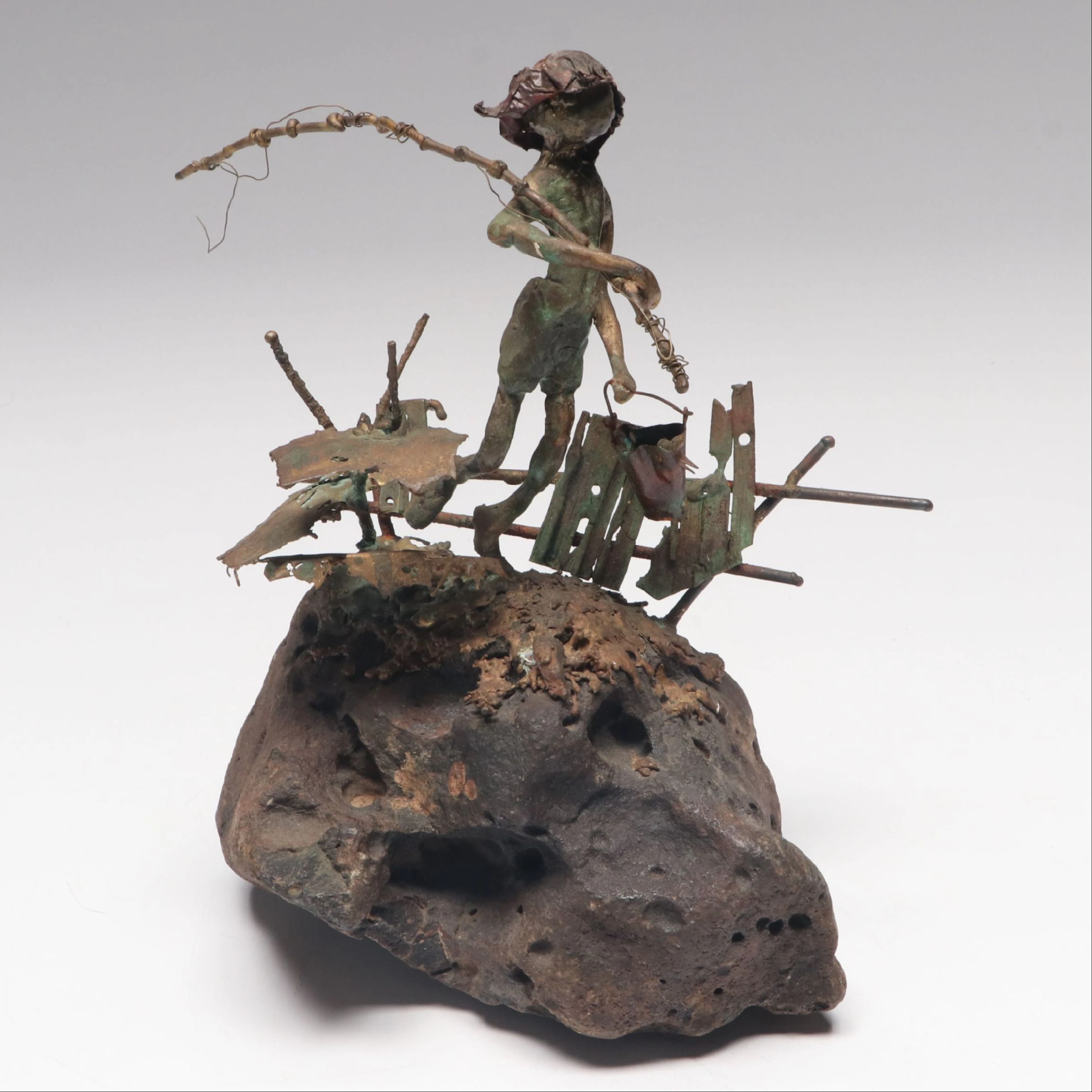 Mid-Century Girl Going Fishing Copper Brutalist Sculpture on Stone Base