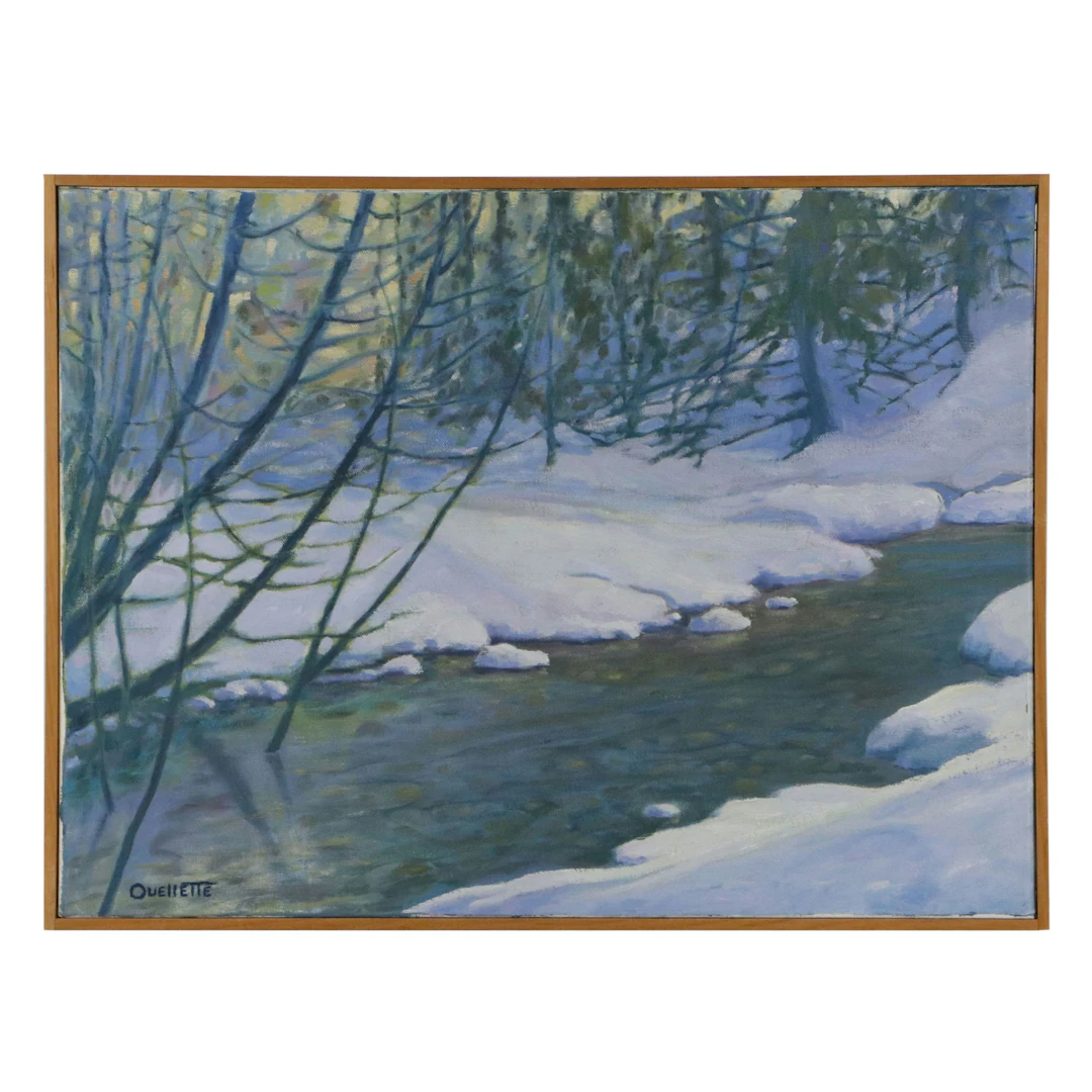 Attributed to Don Ouellette Oil Painting of Winter Creek Landscape