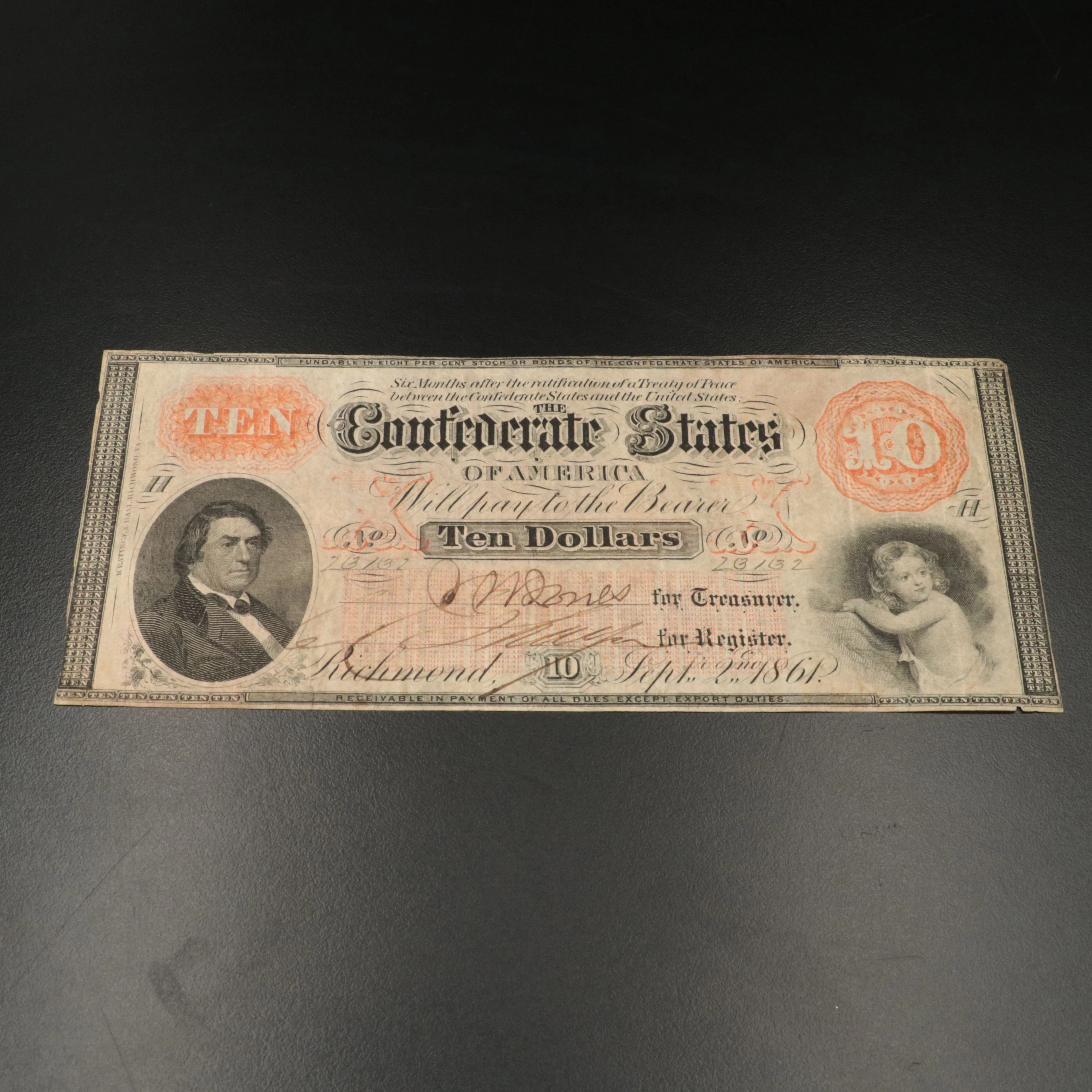 1861 Confederate Ten Dollar Currency Note