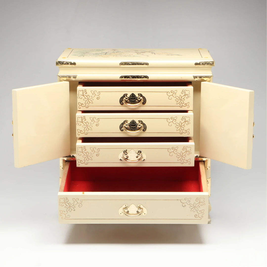 Chinoiserie Cream Floral and Bird Motif Jewelry and Keepsake Chest