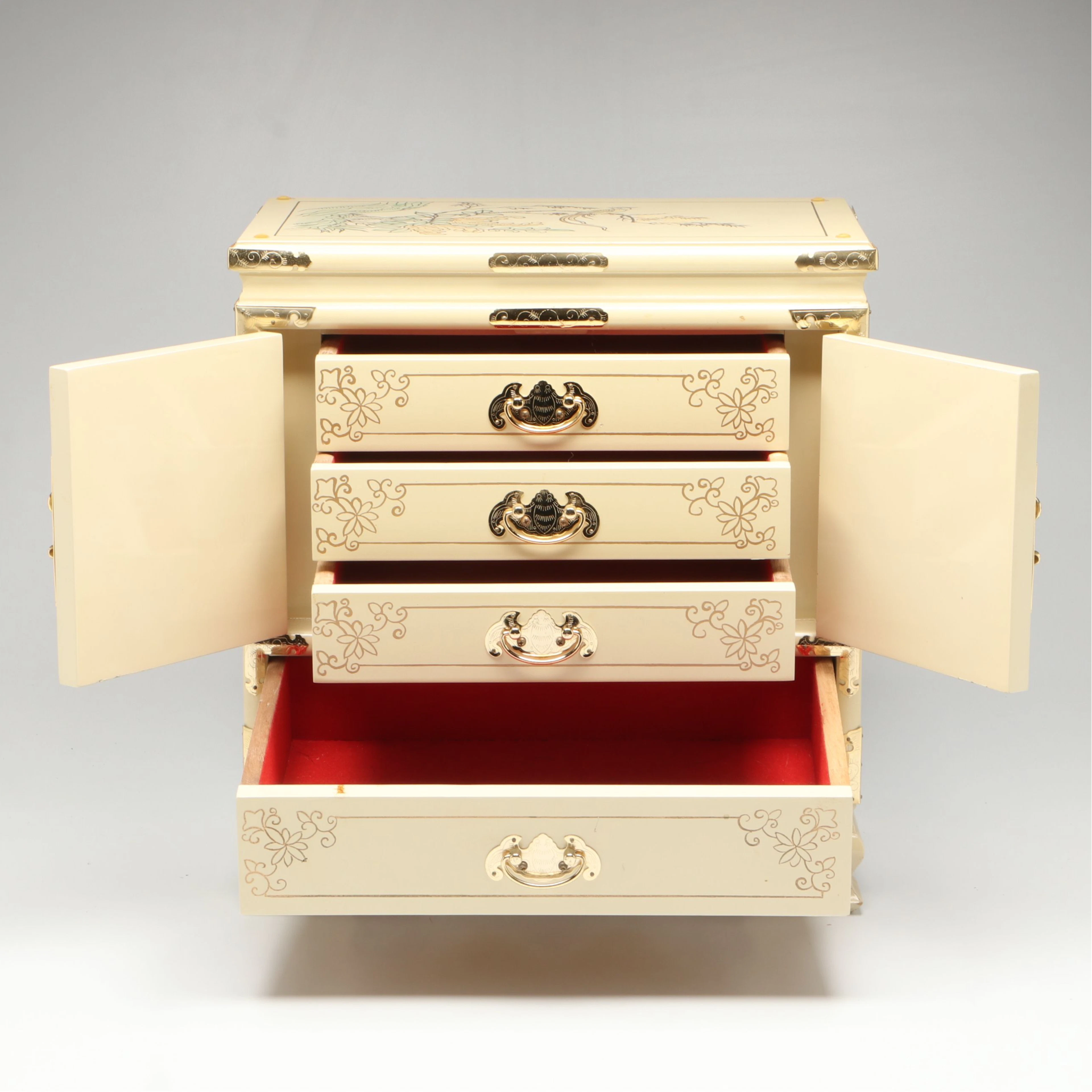 Chinoiserie Cream Floral and Bird Motif Jewelry and Keepsake Chest