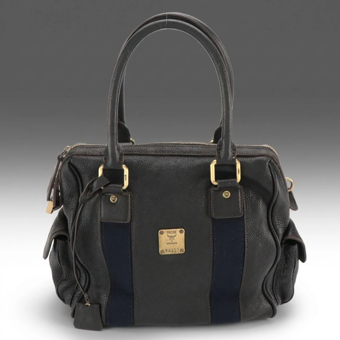 MCM Calfskin Grain Leather and Web Tote Bag with Side Pockets