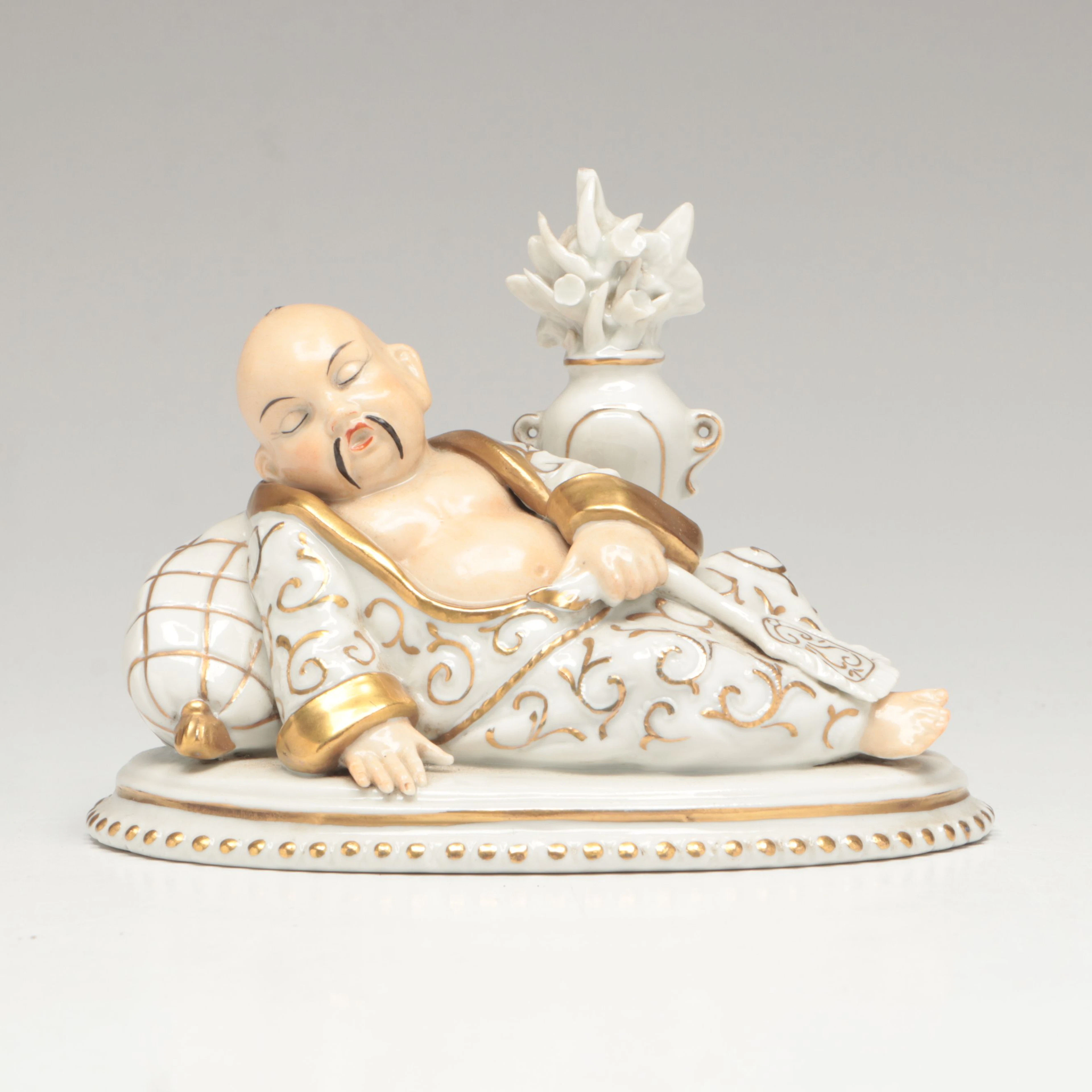 Sitzendorf Chinoiserie Porcelain Reclining Buddha, Early 20th Century