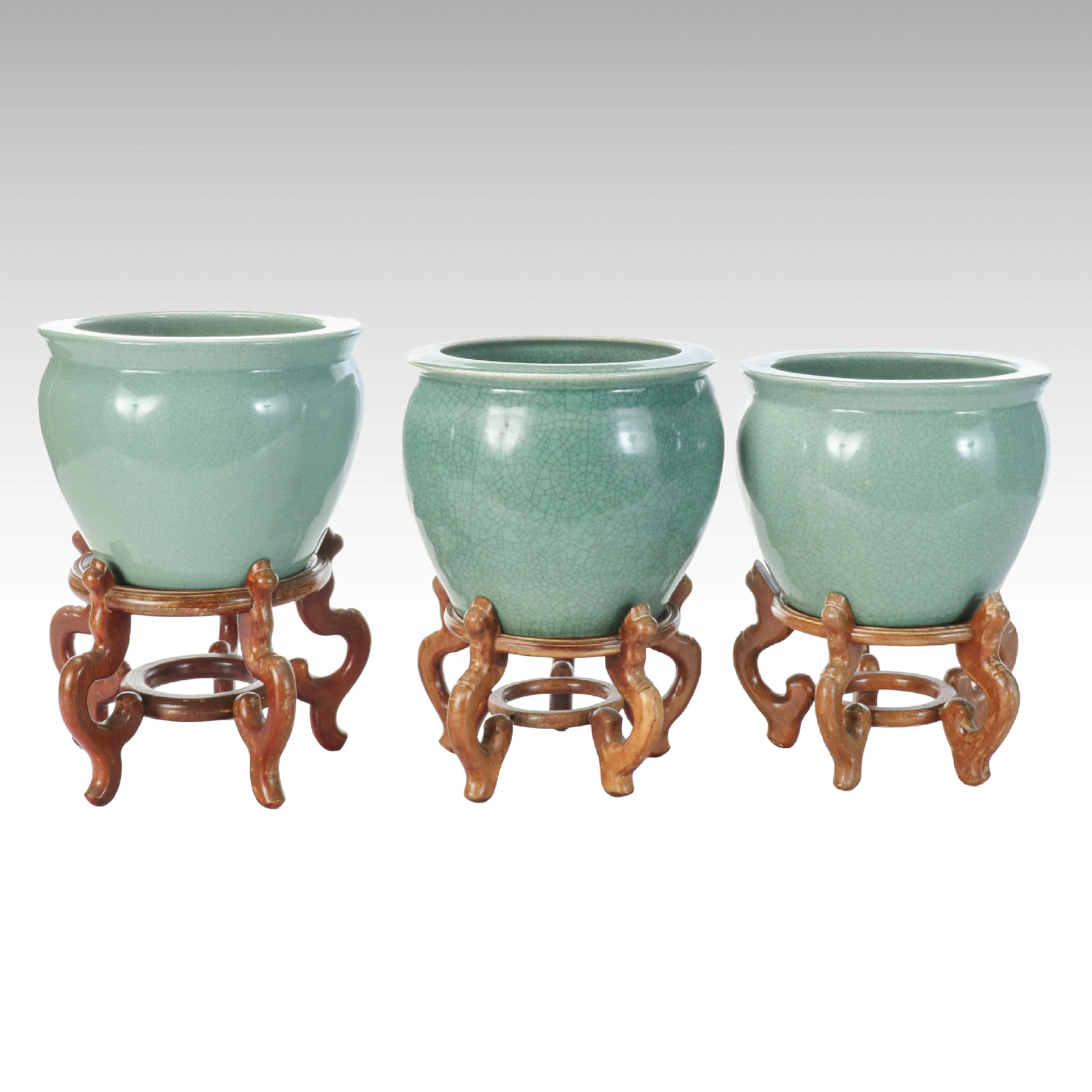 Chinese Celadon Glazed Porcelain Planters on Wood Stands