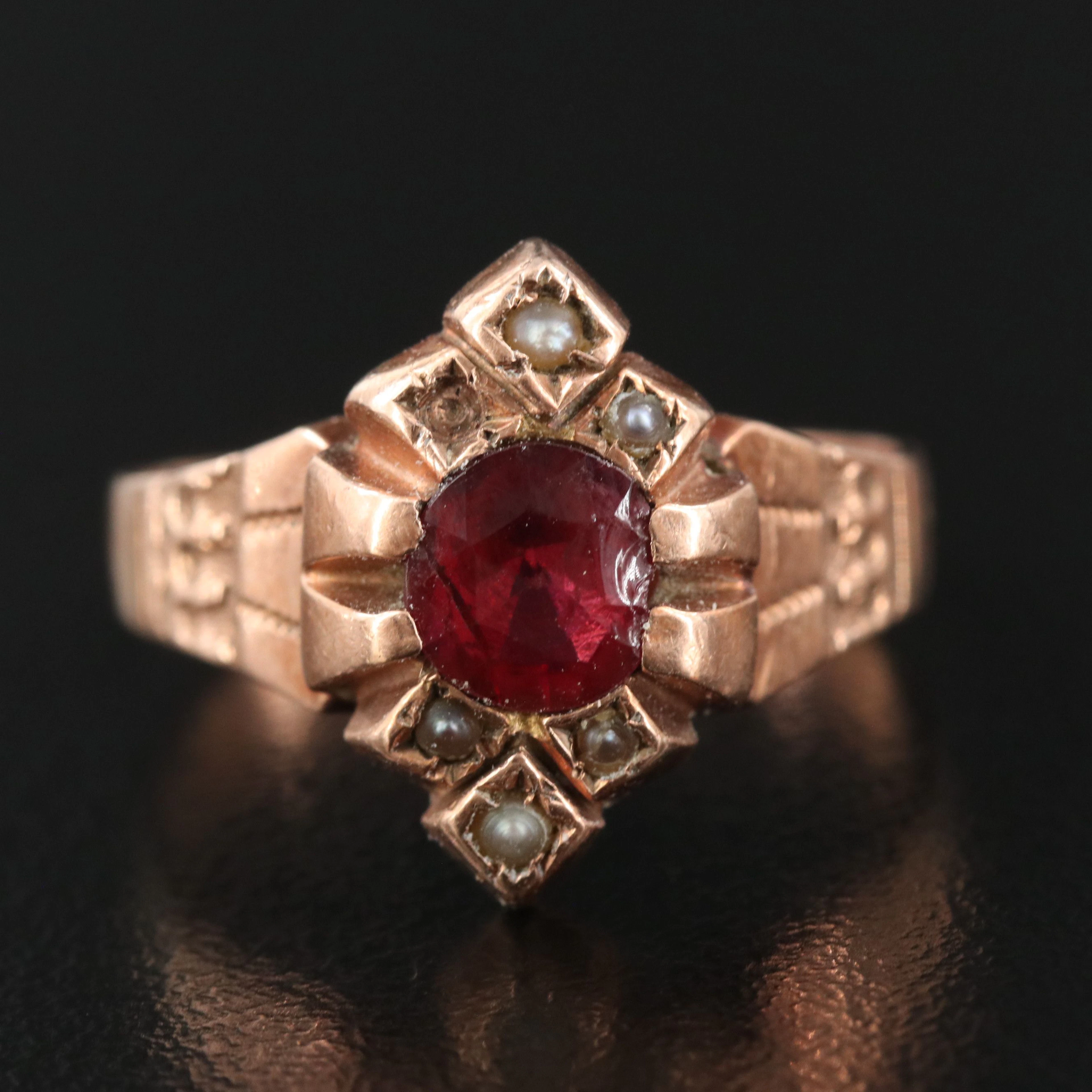 Victorian 10K Rose Gold Garnet and Glass Doublet and Pearl Ring