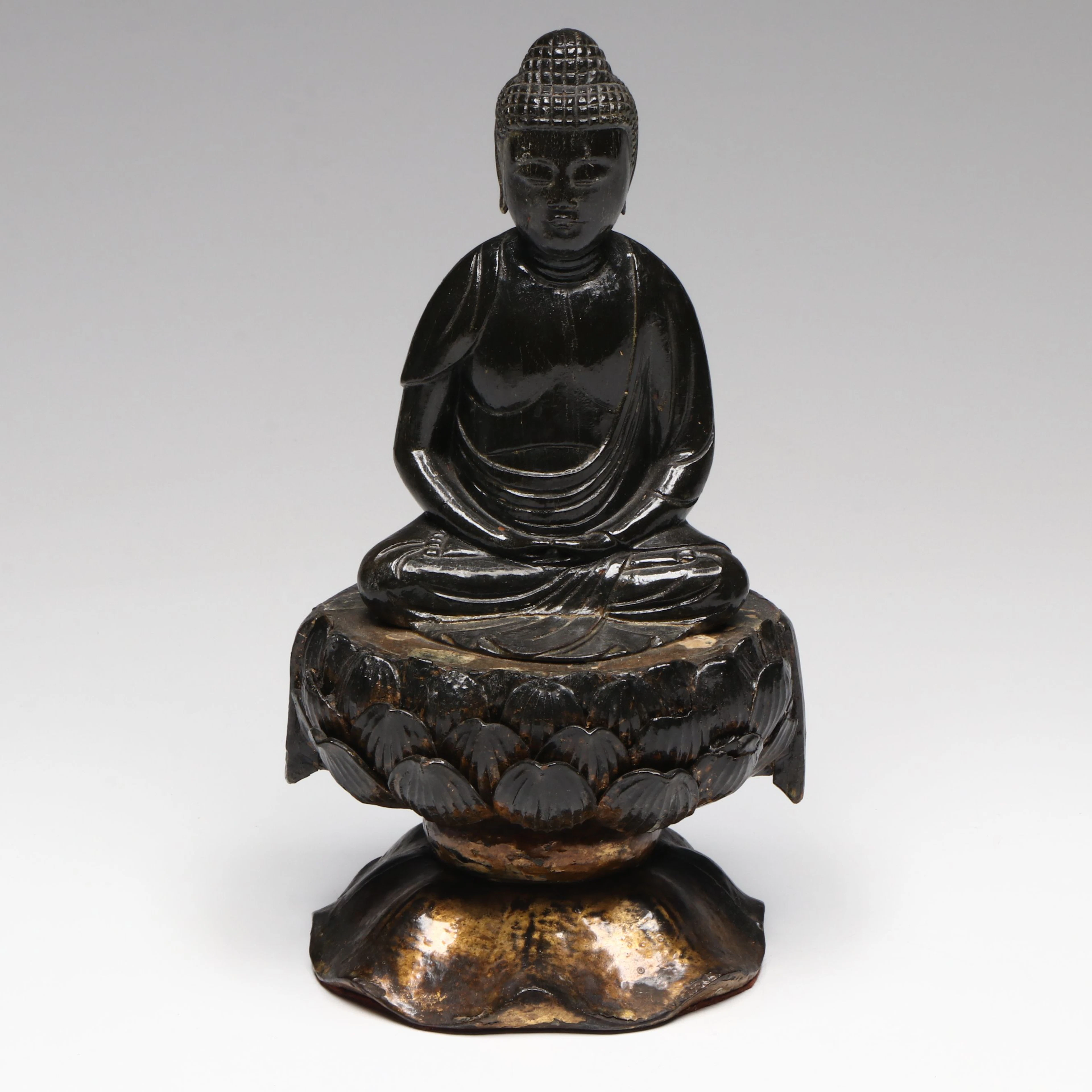 Lacquered Wood Seated Buddha on Lotus Blossom
