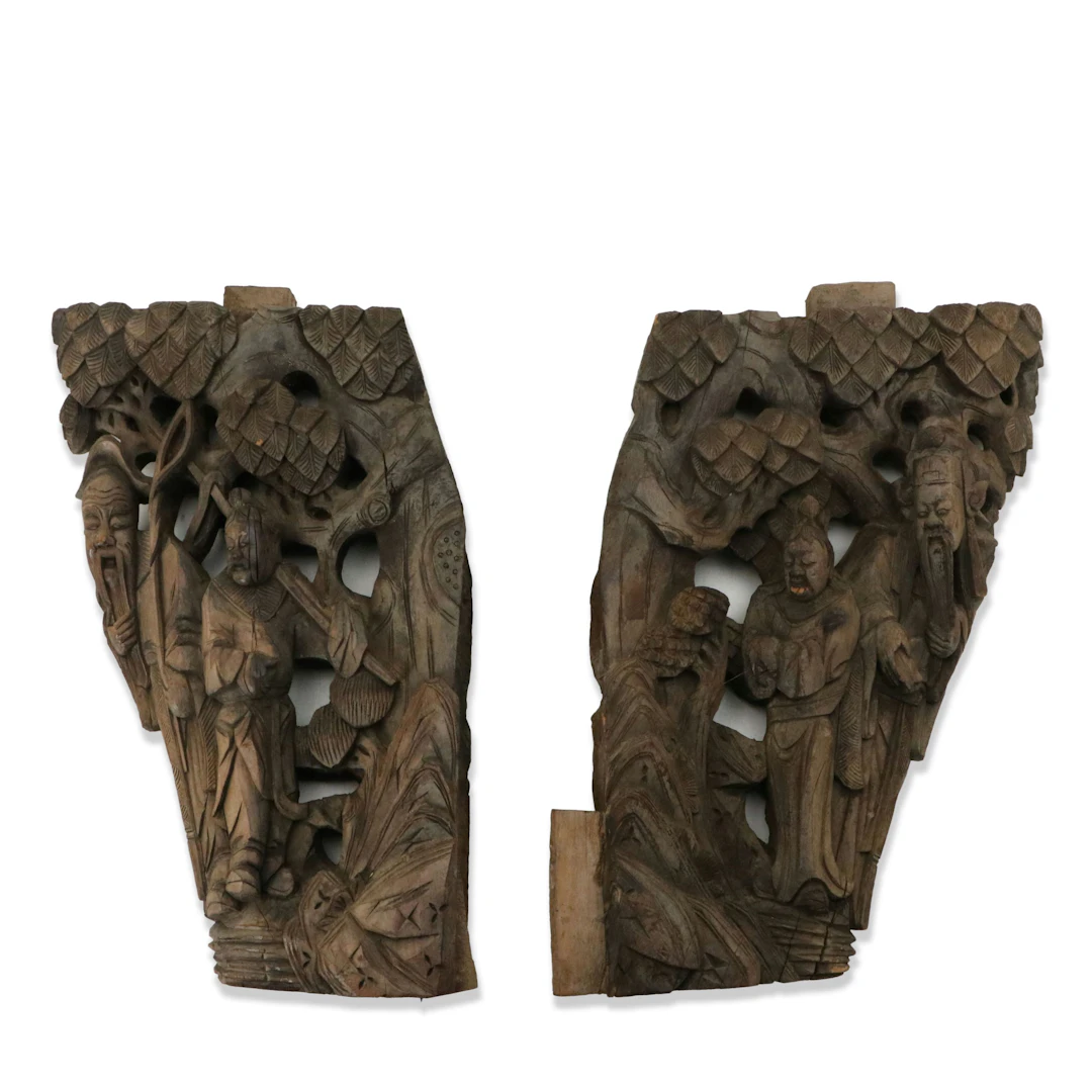Pair of Antique Chinese School Figural Carved Wood Corbels