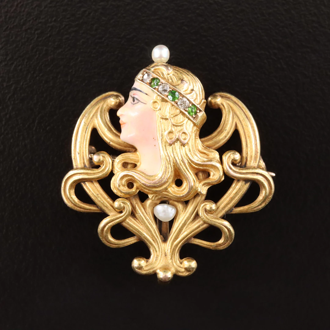 Art Nouveau 14K Tsavorite, Diamond, Seed Pearl, and Enamel Figural Watch Pin