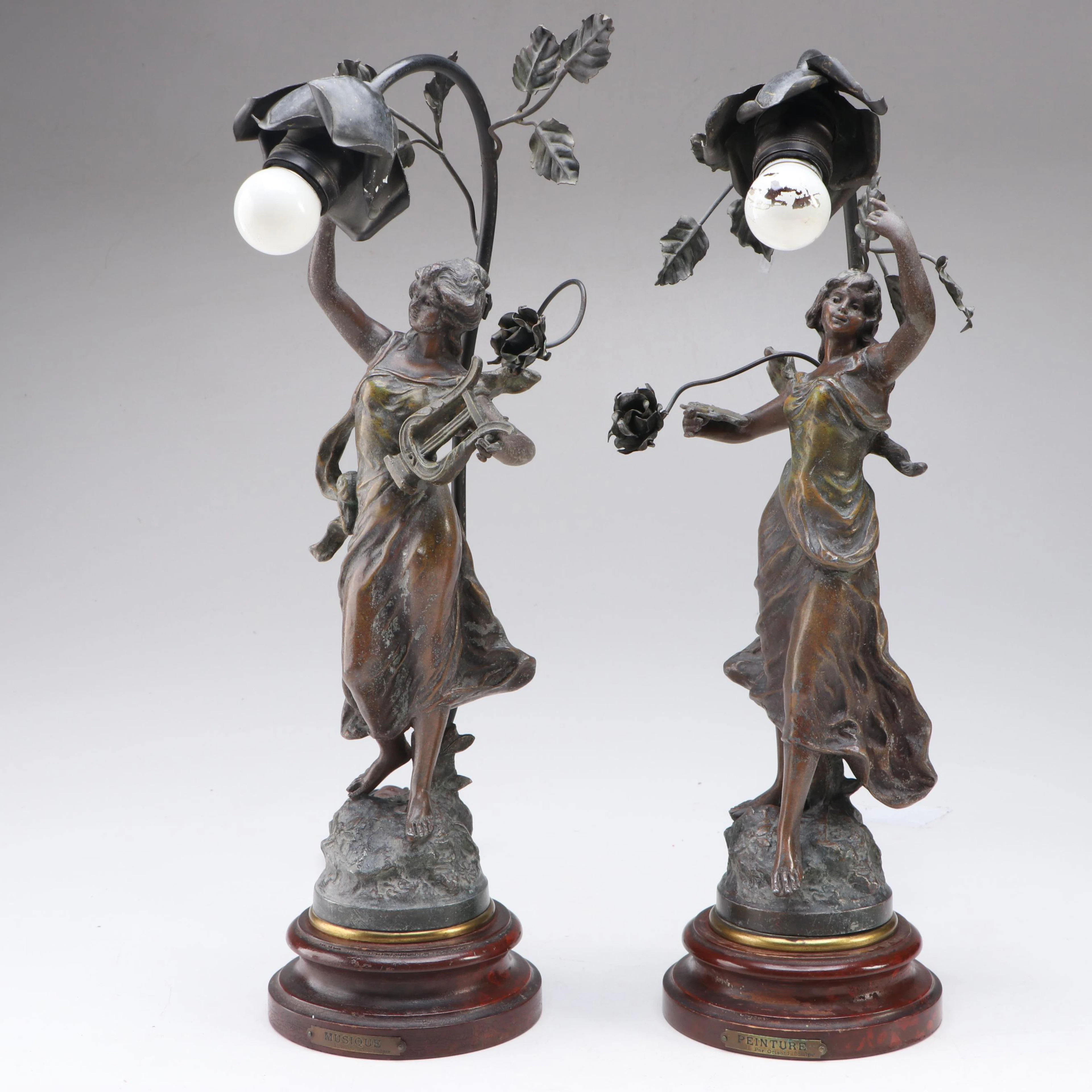 Art Nouveau "Peinture" and "Musique" Bronze Finish Figural Table Lamps