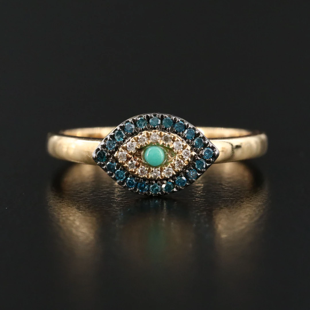 14K Chalcedony and Diamond Evil Eye Ring Featuring Fancy Blue