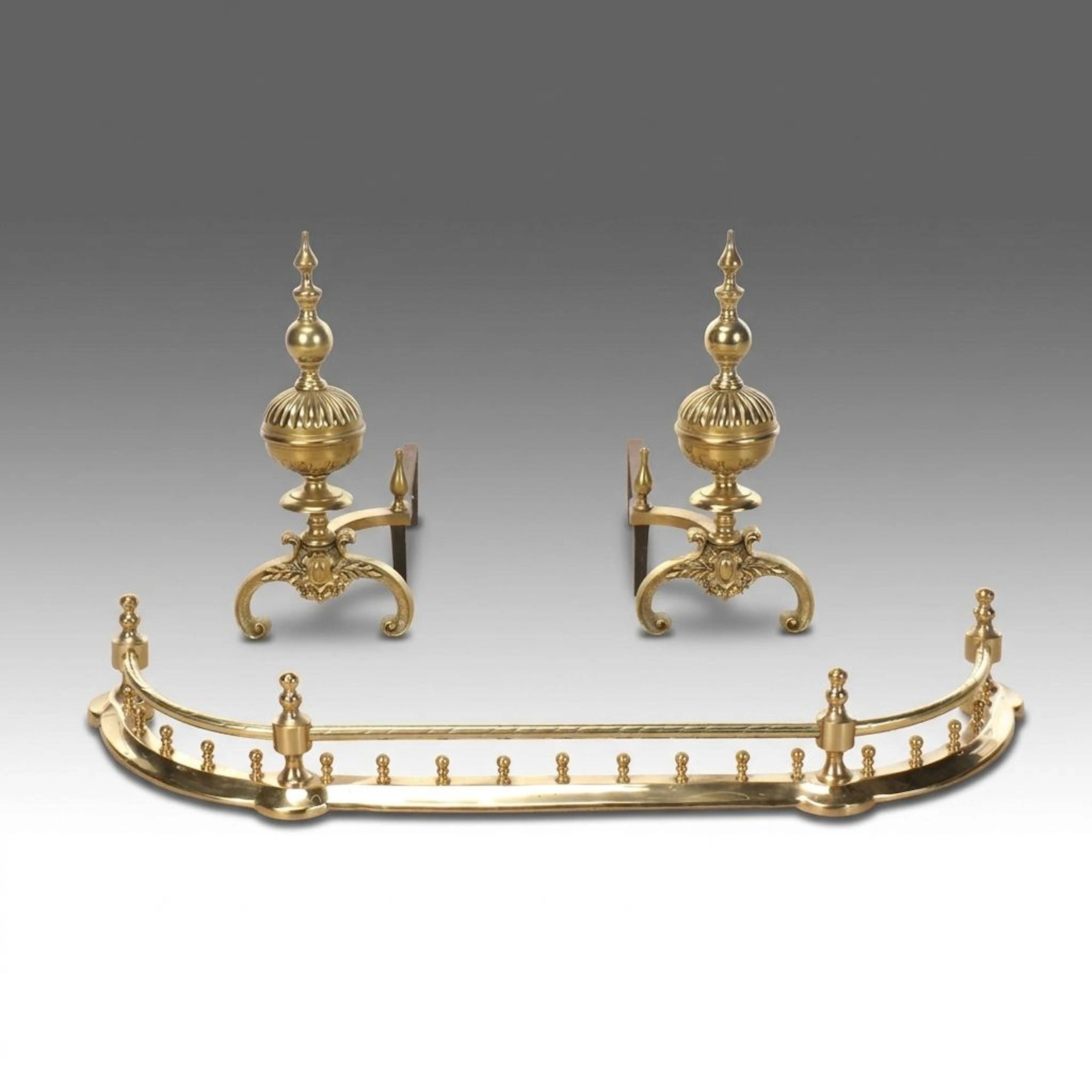 Brass Hearth Fender and Fireplace Andirons