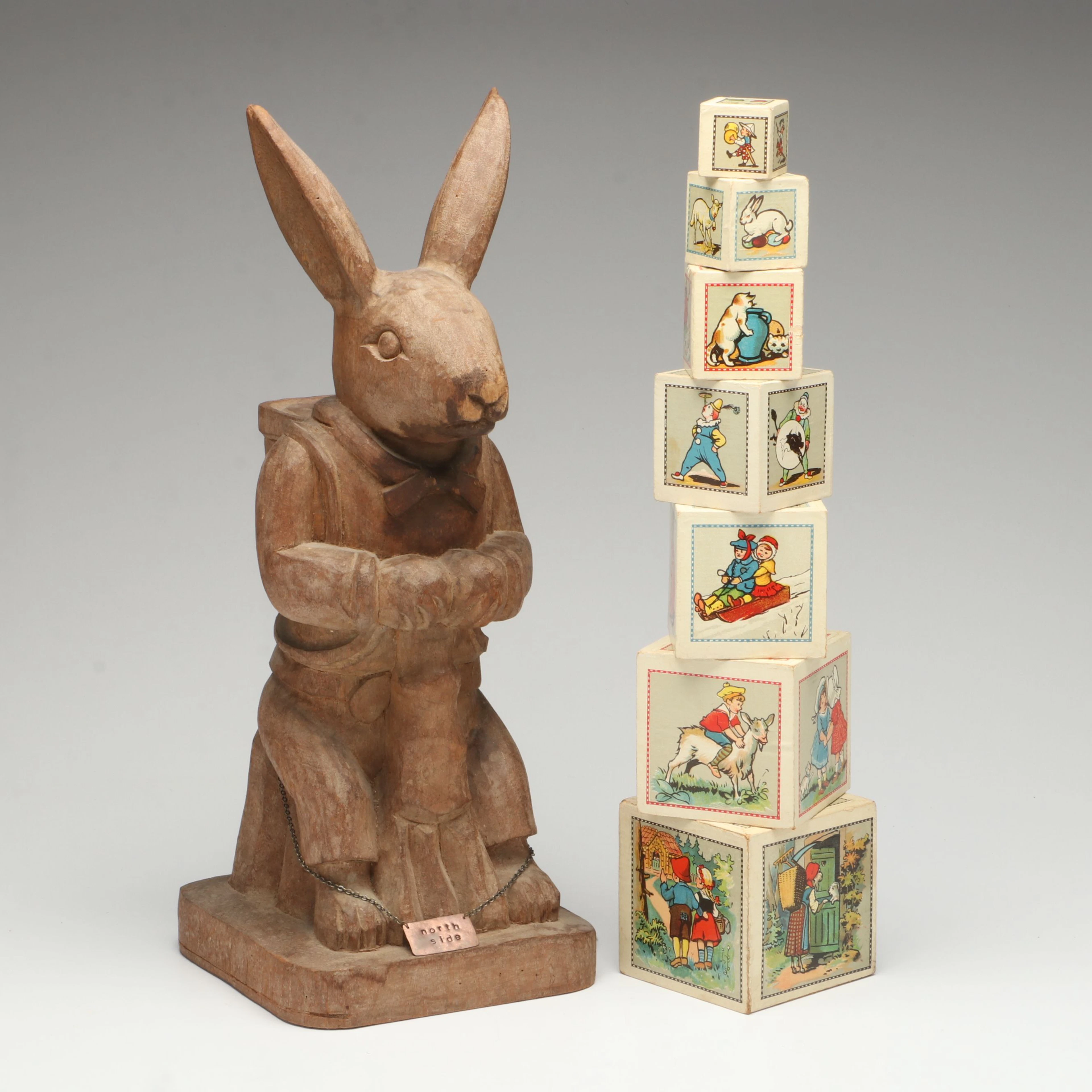 Rustic Carved Wood Rabbit Figure with Victorian Fairy Tale Nesting