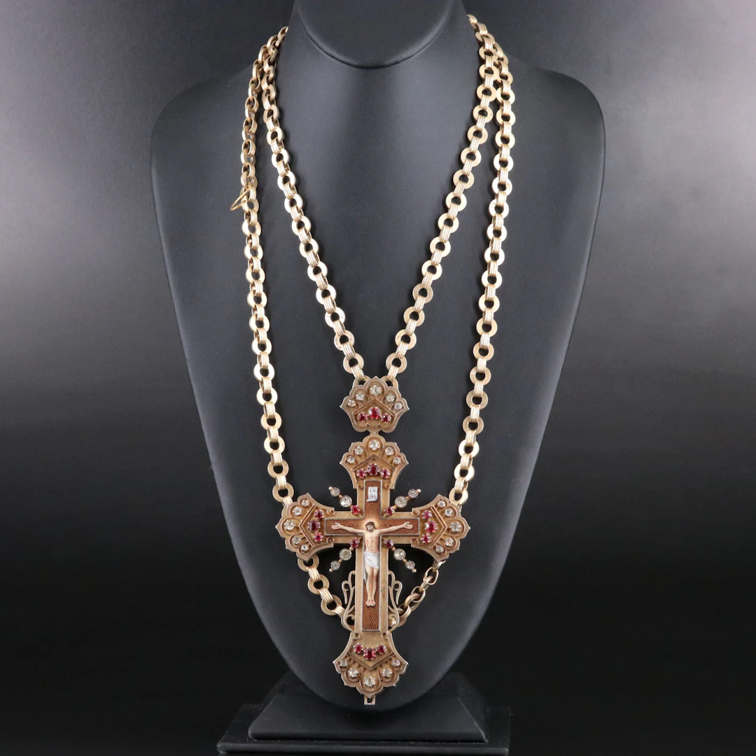 Russian Orthodox 900 Silver Pectoral Cross Necklace w/ Garnet and Glass Doublet