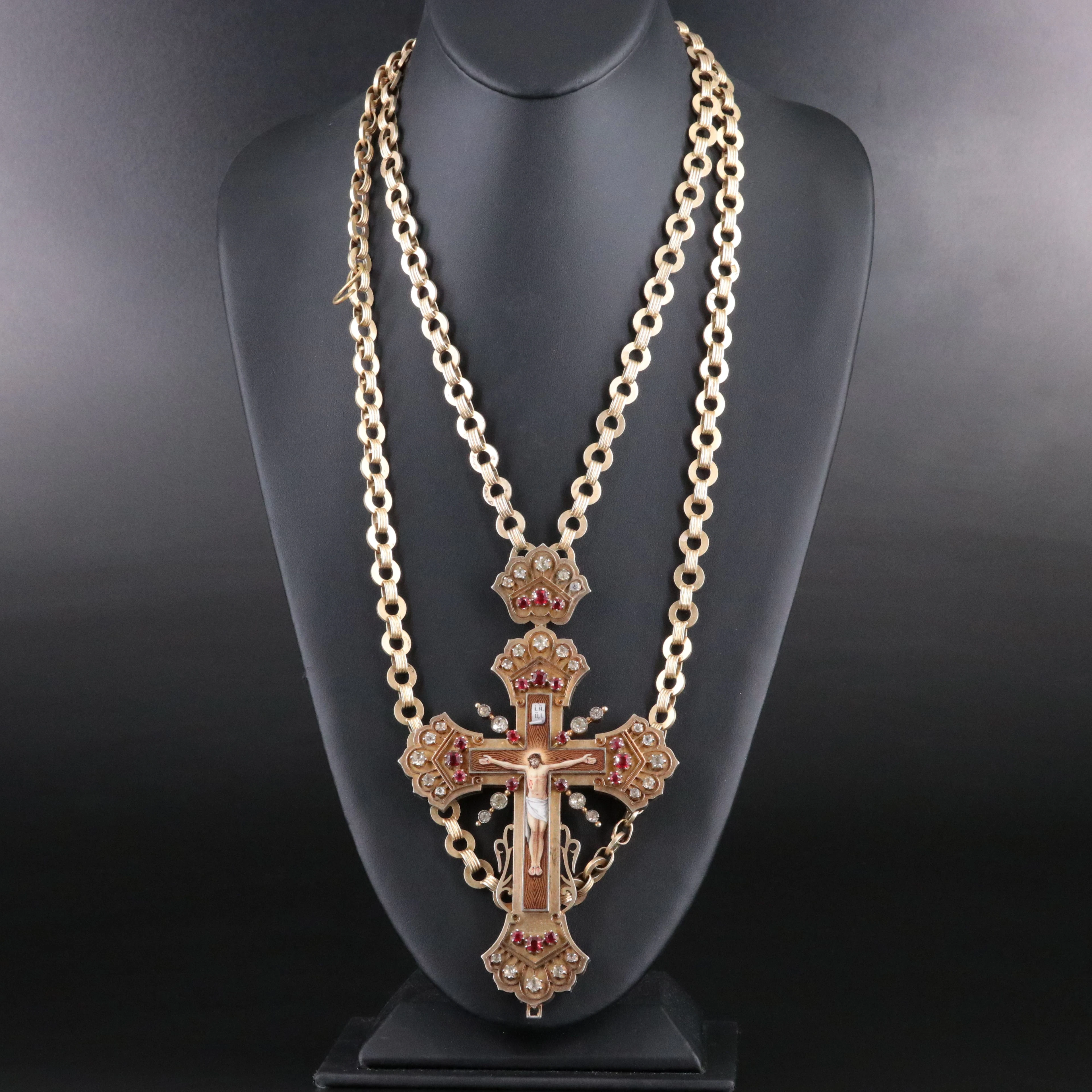 Russian Orthodox 900 Silver Pectoral Cross Necklace w/ Garnet and Glass Doublet