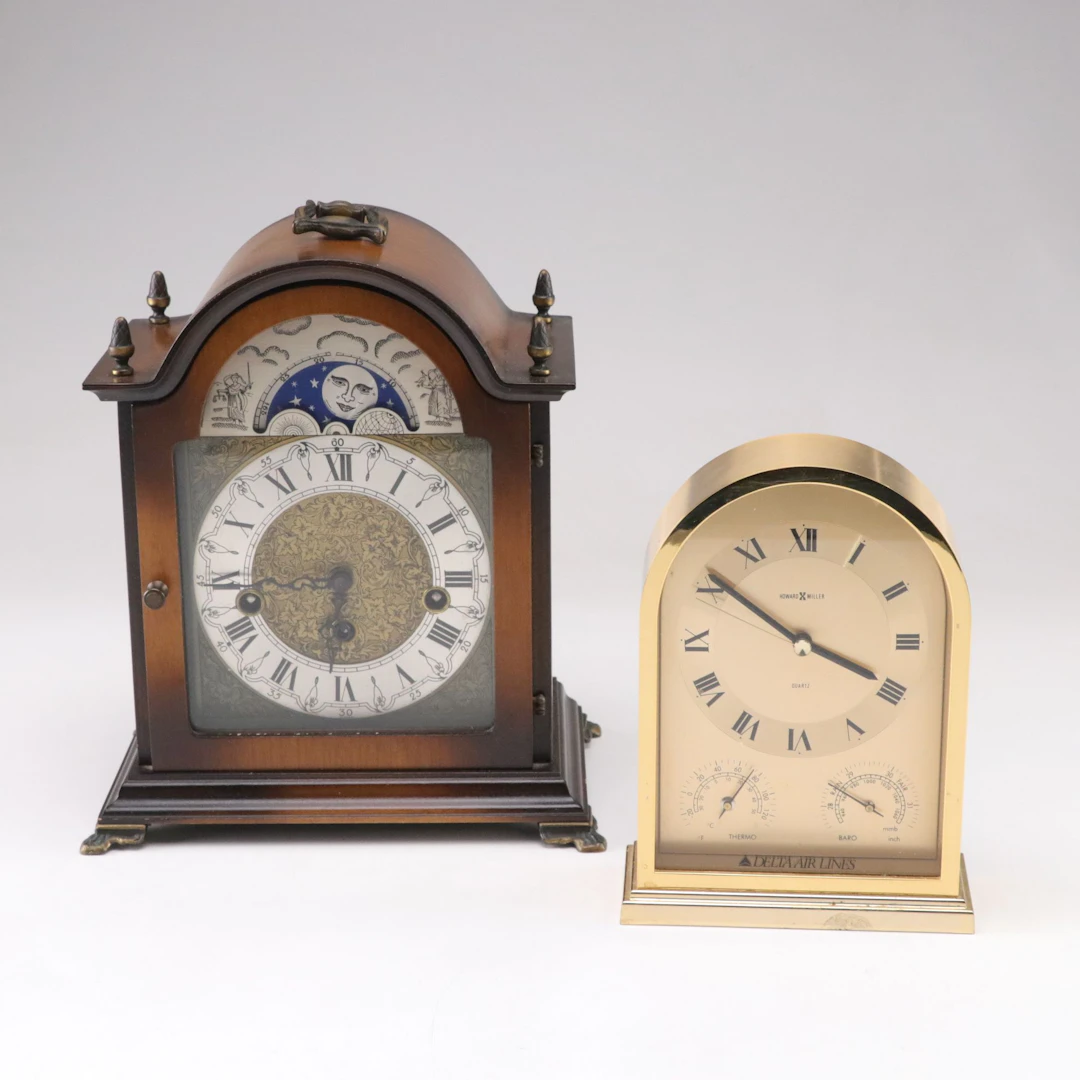 Seth Thomas Moon Dial Mantel Clock with Brass Desk Clock