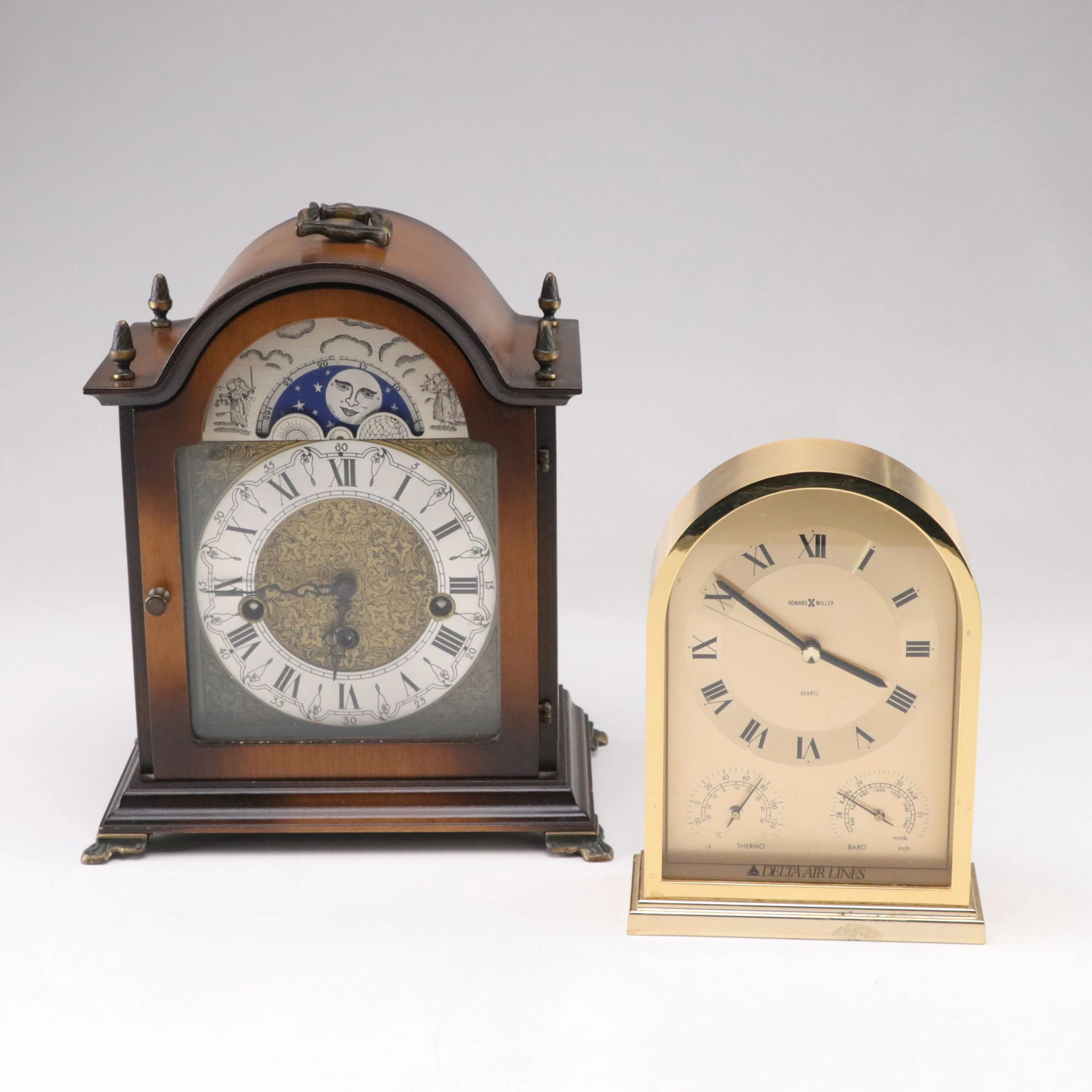 Seth Thomas Moon Dial Mantel Clock with Brass Desk Clock