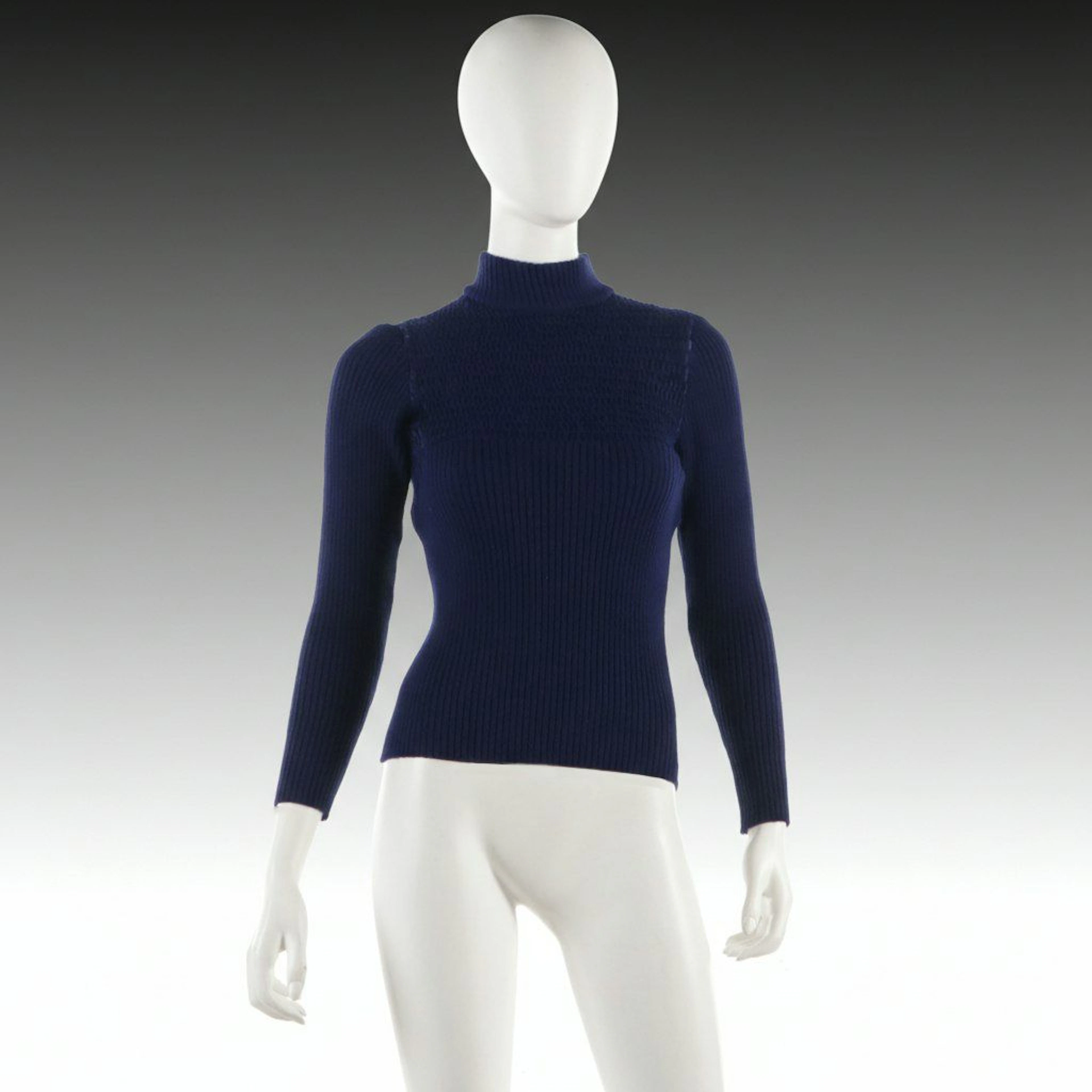 Gucci Blue Wool Ribbed Knit and Suede Turtleneck Sweater, 1970s Vintage