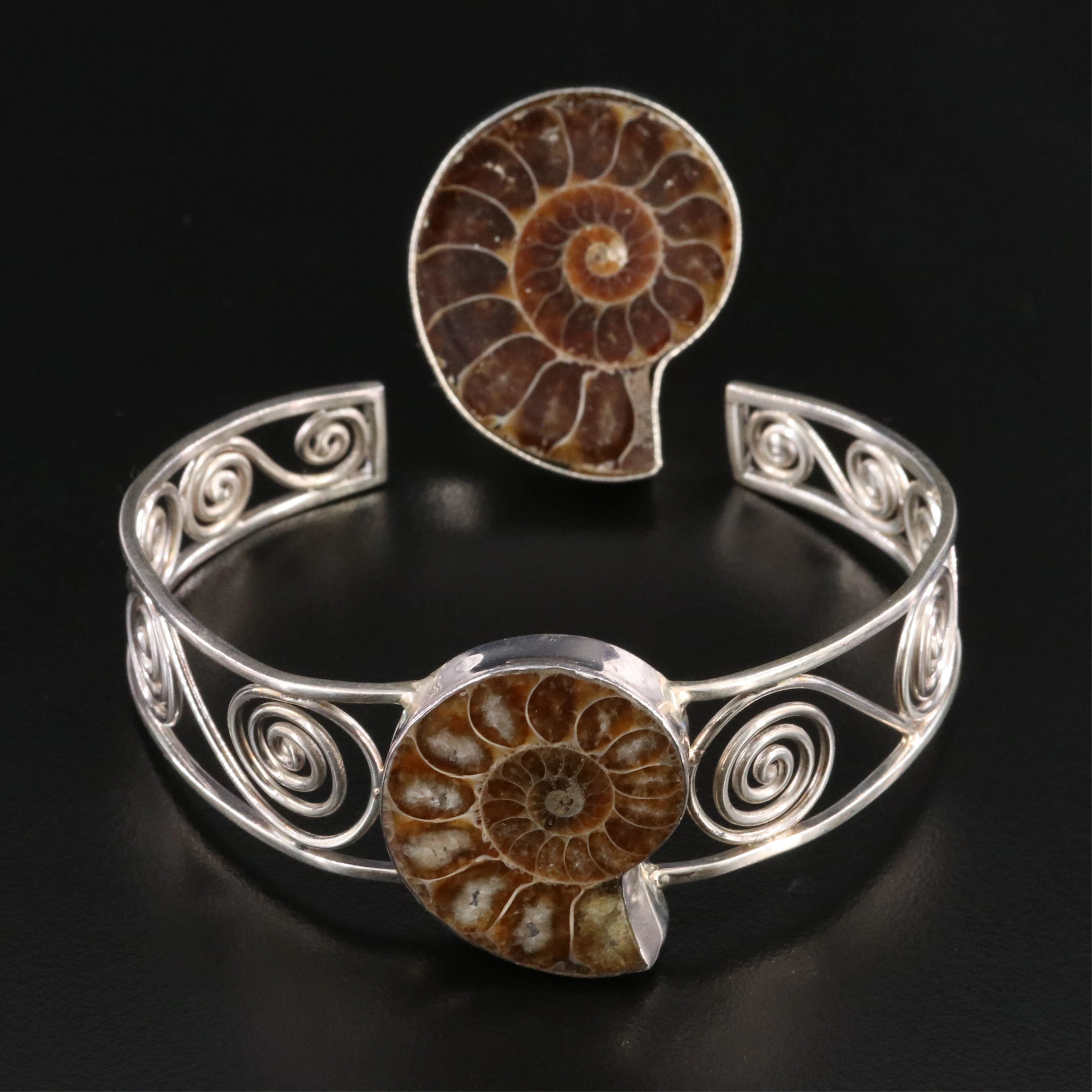 Ammonite Bracelet and Ring Featuring Sterling