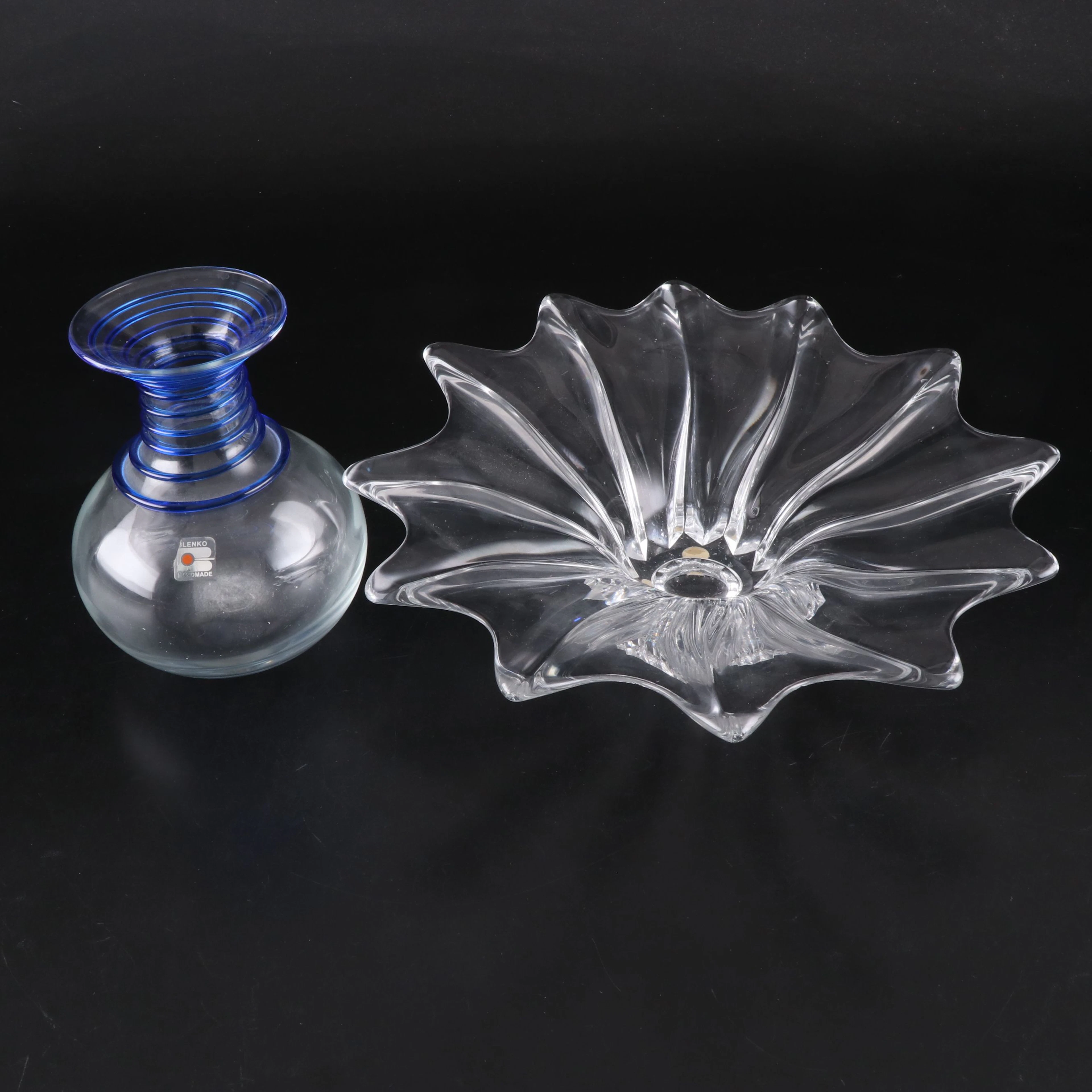 Blenko Applied Swirl Art Glass Vase with Venetian Style Starburst Low Bowl