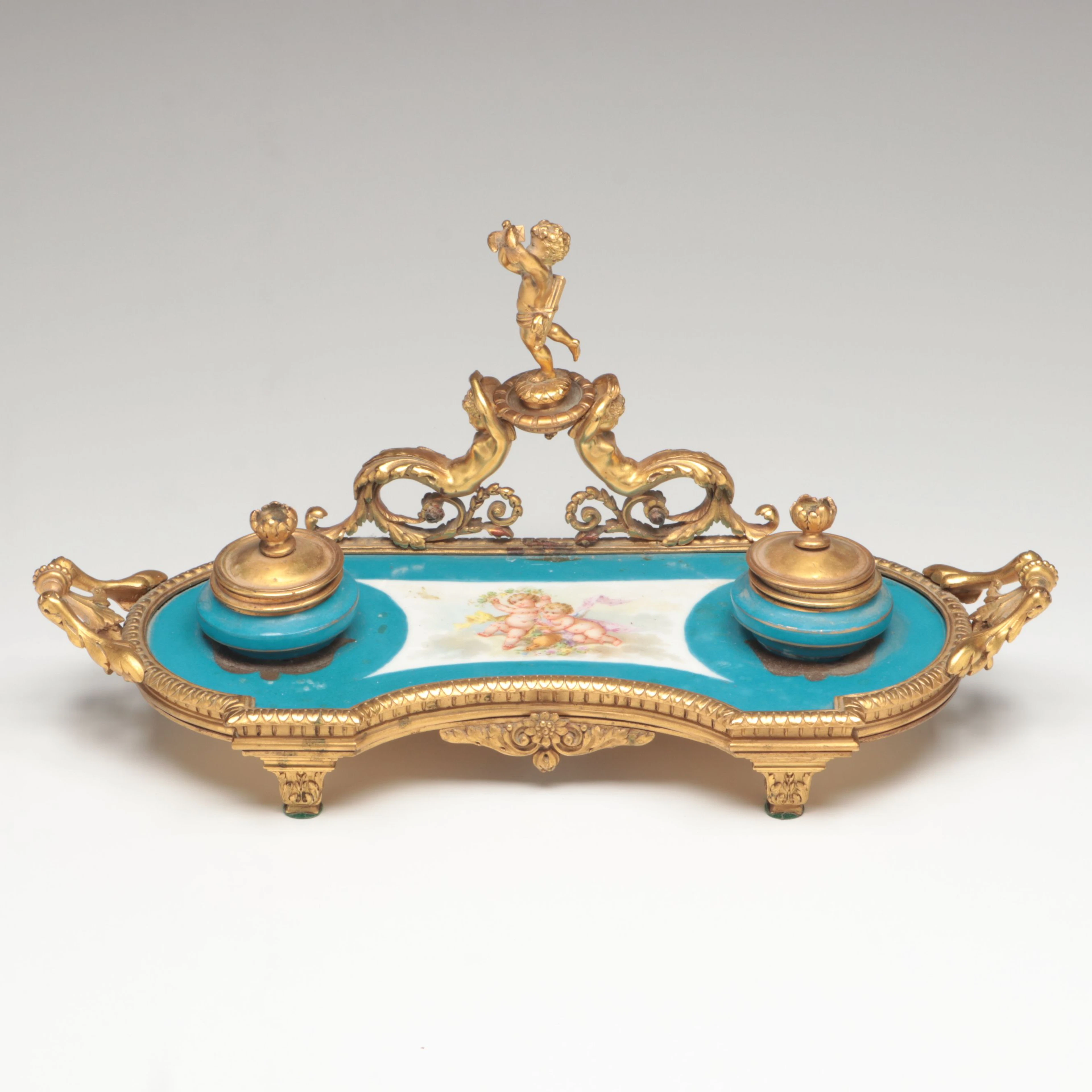 French Rococo Style Ormolu Brass and Porcelain Desk Inkstand, Antique