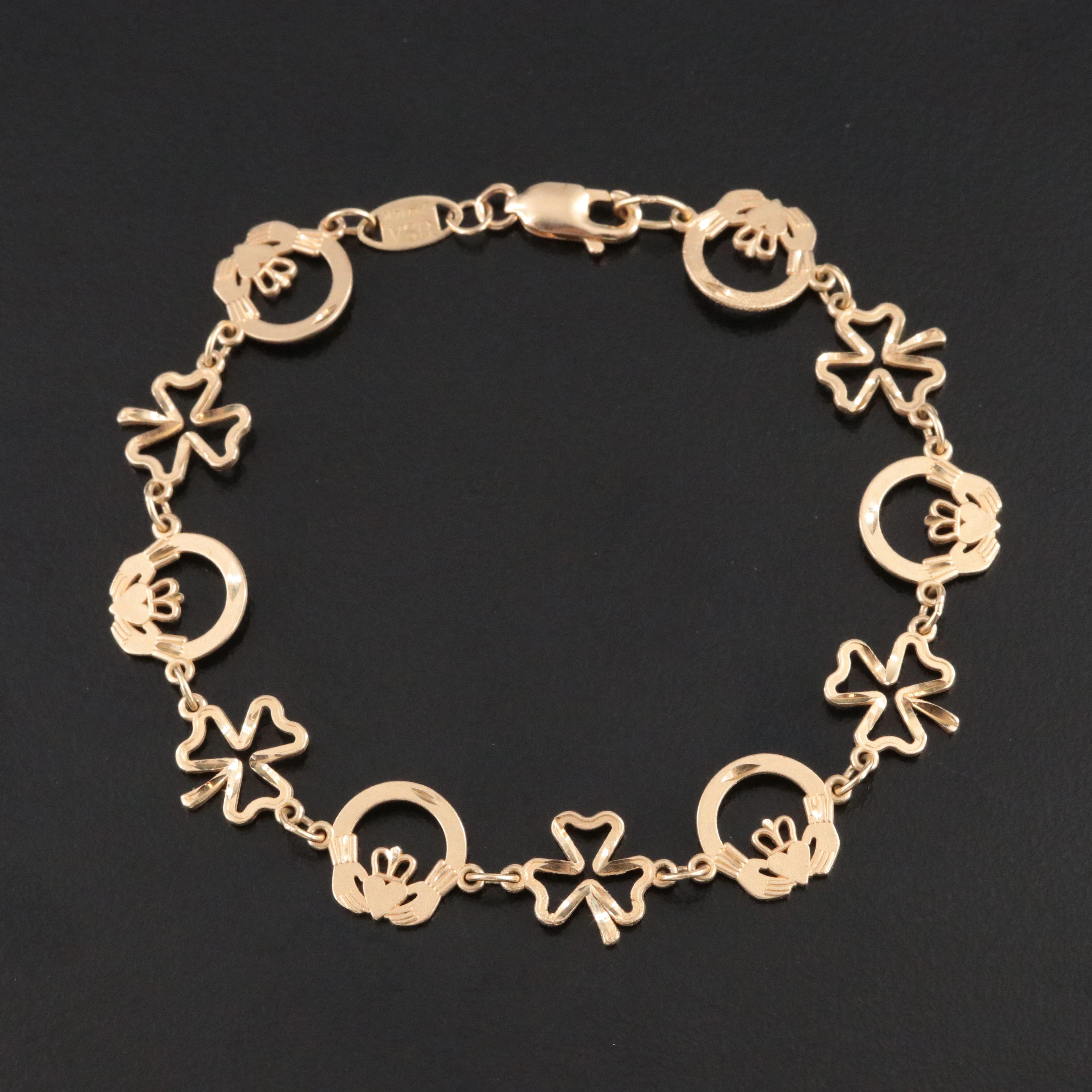 14K Claddagh and Shamrock Bracelet