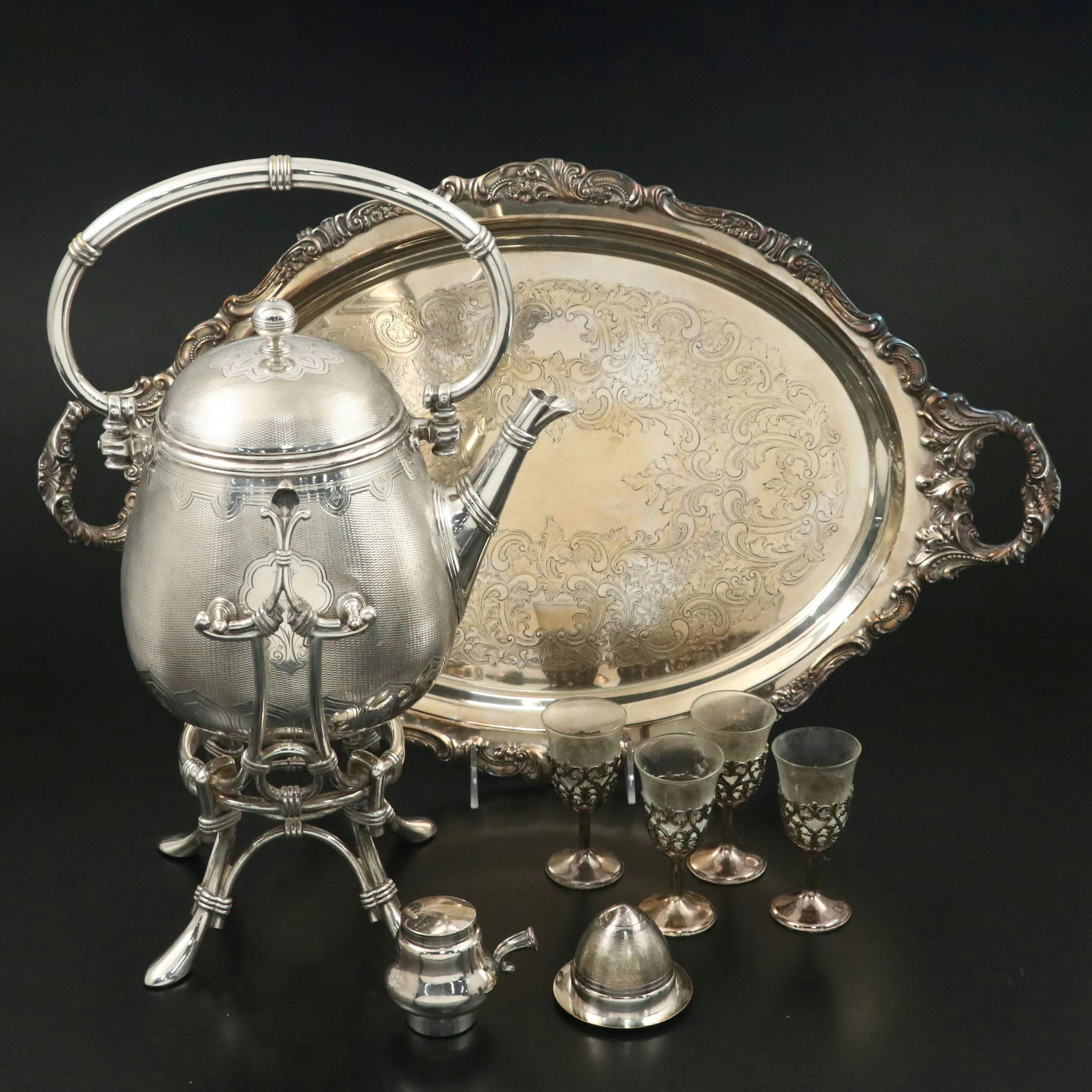 Christofle Tilting Teapot on Stand with Footed Platter and Cordial Cups