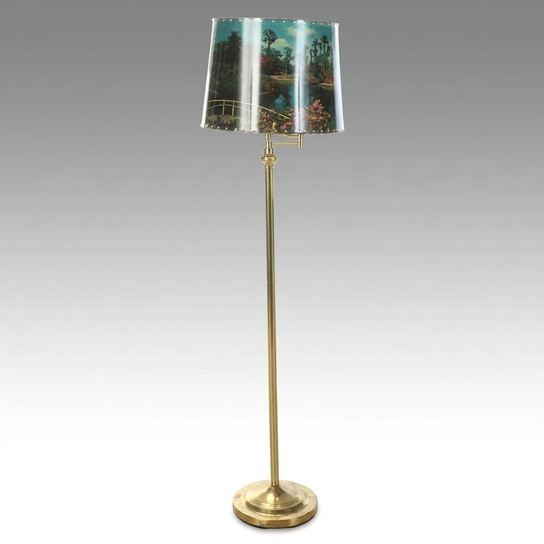Vintage Brass Floor Lamp with Landscape Shade, Late 20th Century