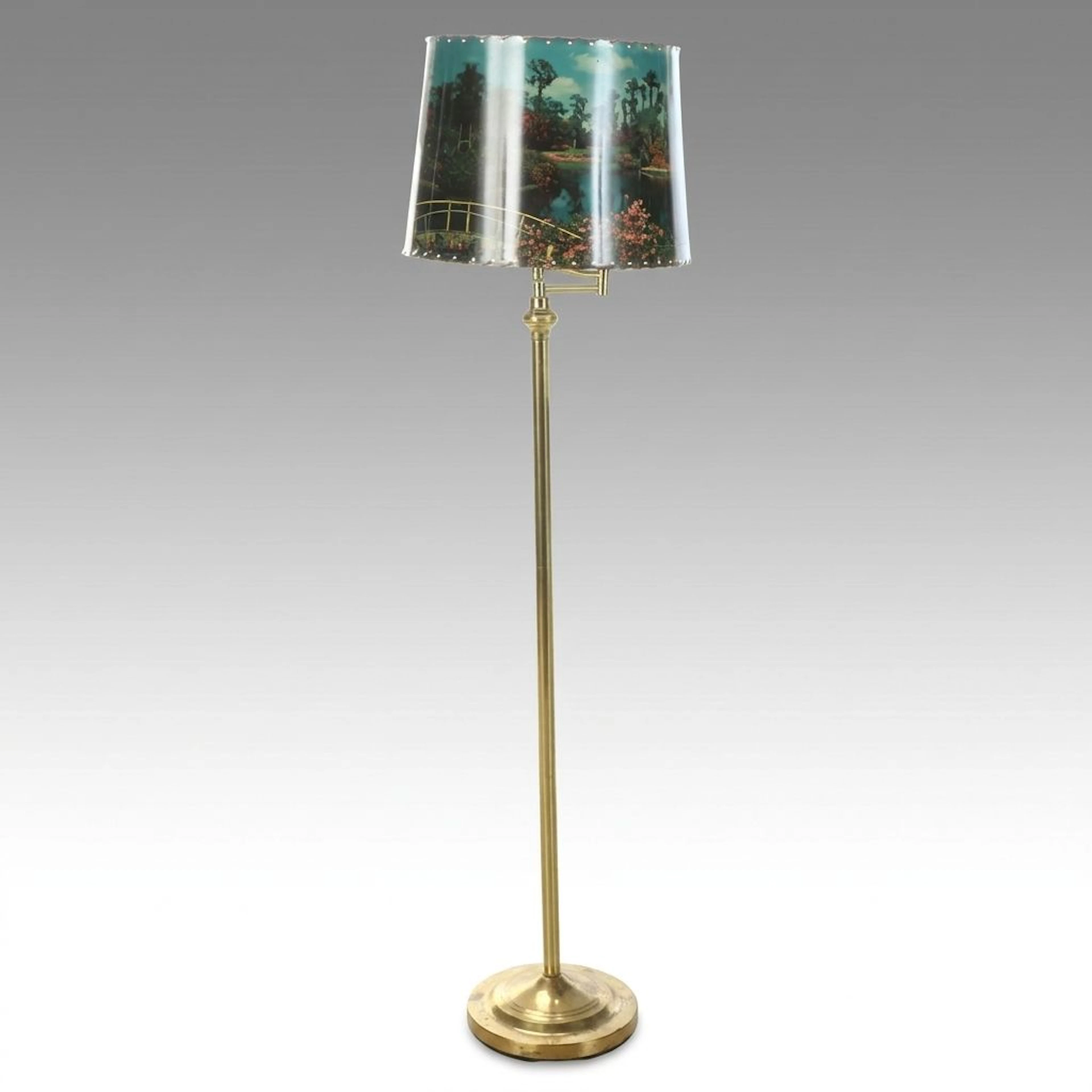 Vintage Brass Floor Lamp with Landscape Shade, Late 20th Century