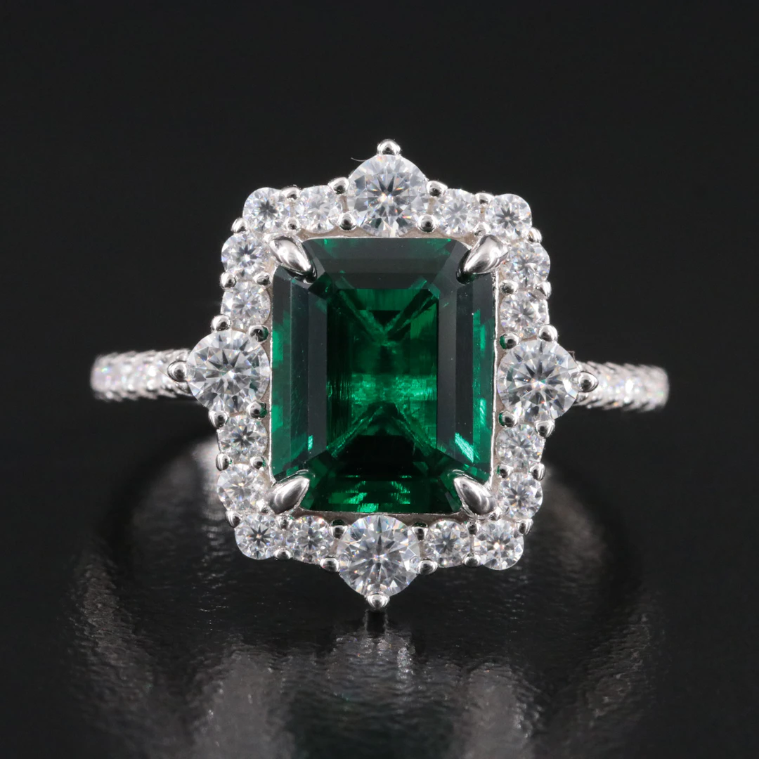 Sterling Emerald and Moissanite Ring