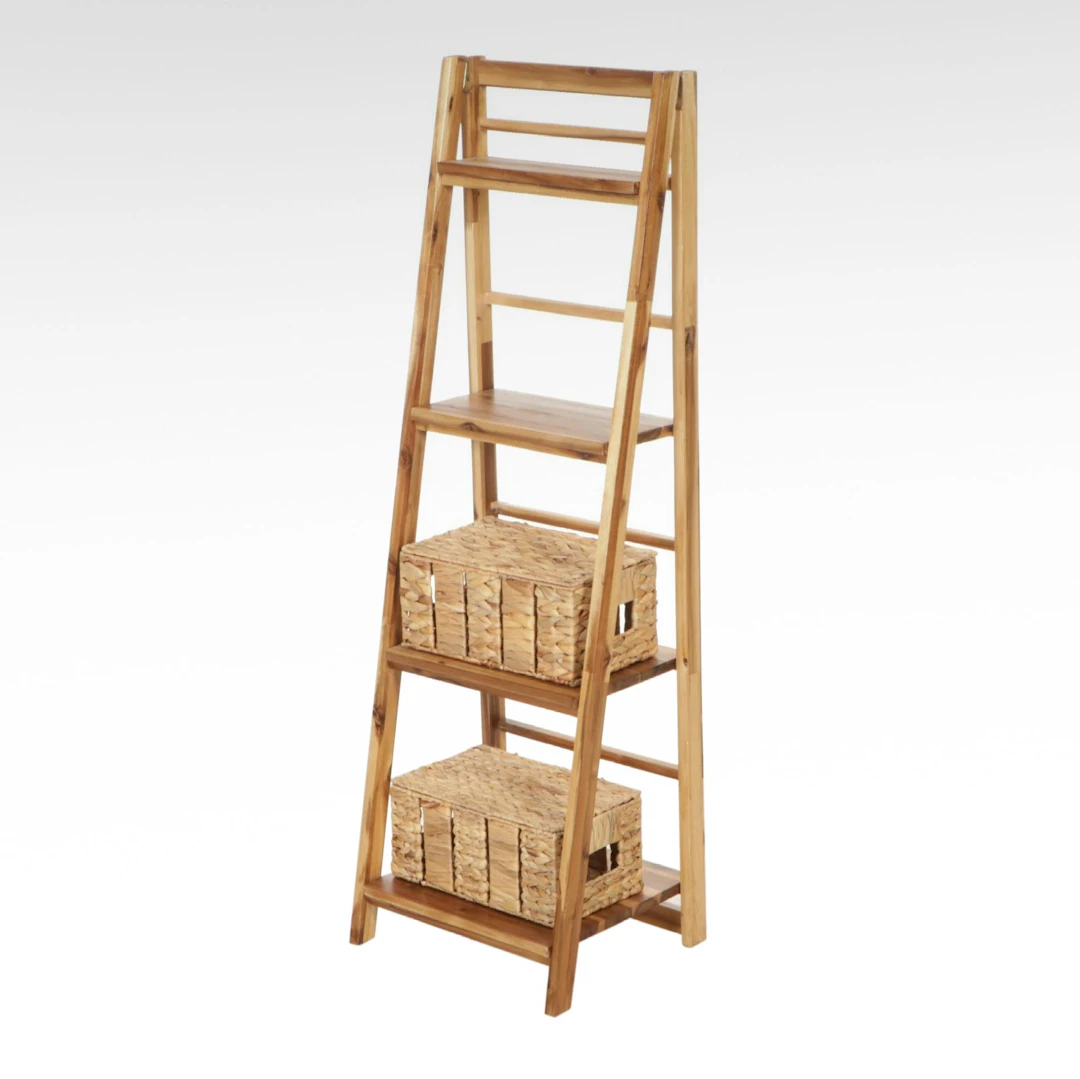 Four Tier Ladder Shelf with Woven Chests