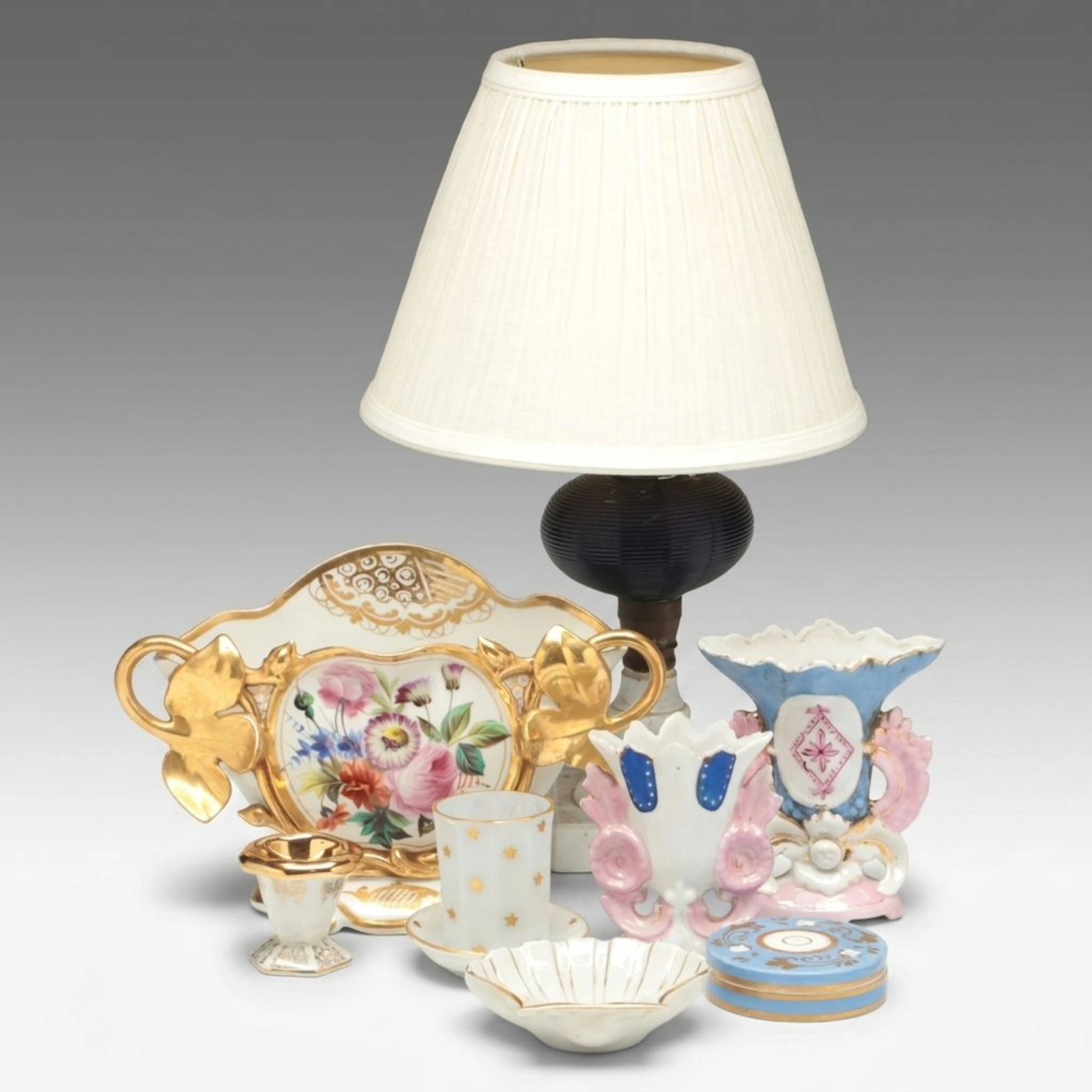 French Limoge Porcelain Vanity Accessories with Glass Lamp