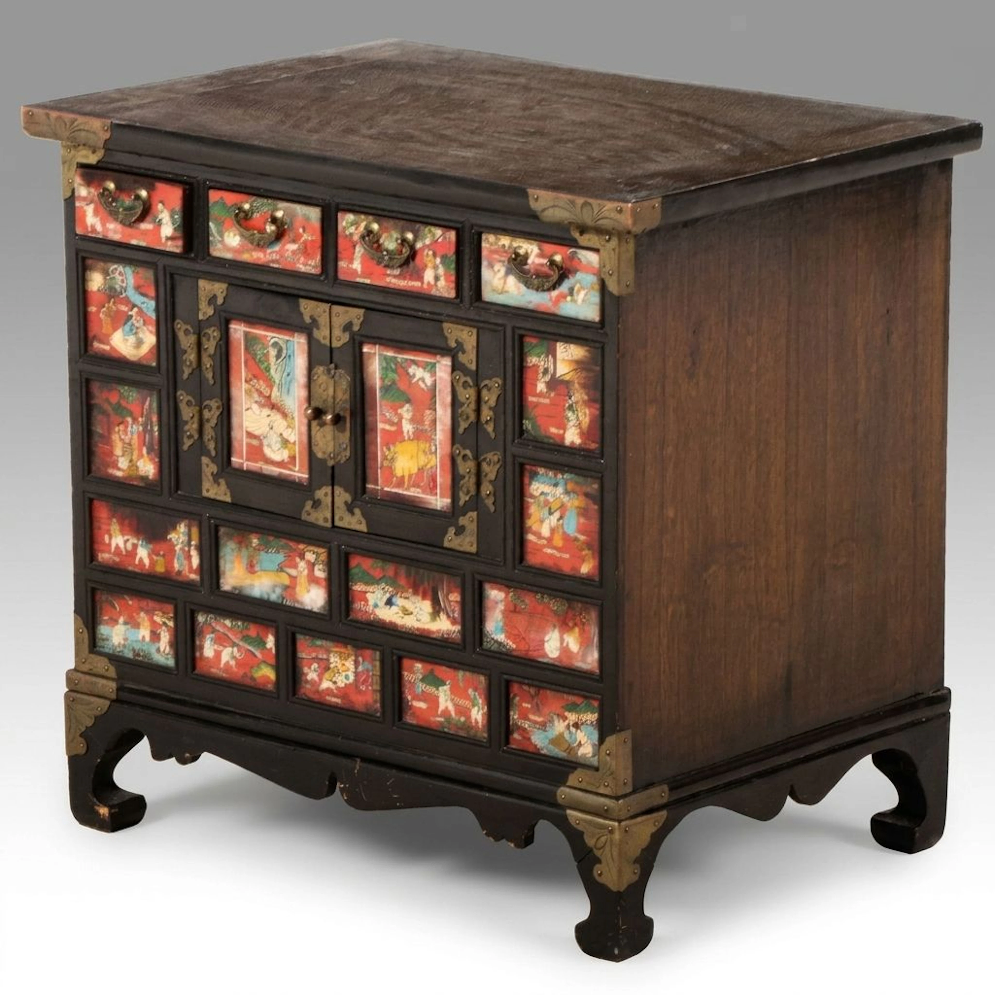 Korean Style Painted Paper and Brass-Mounted Wooden Mini Medicine Cabinet