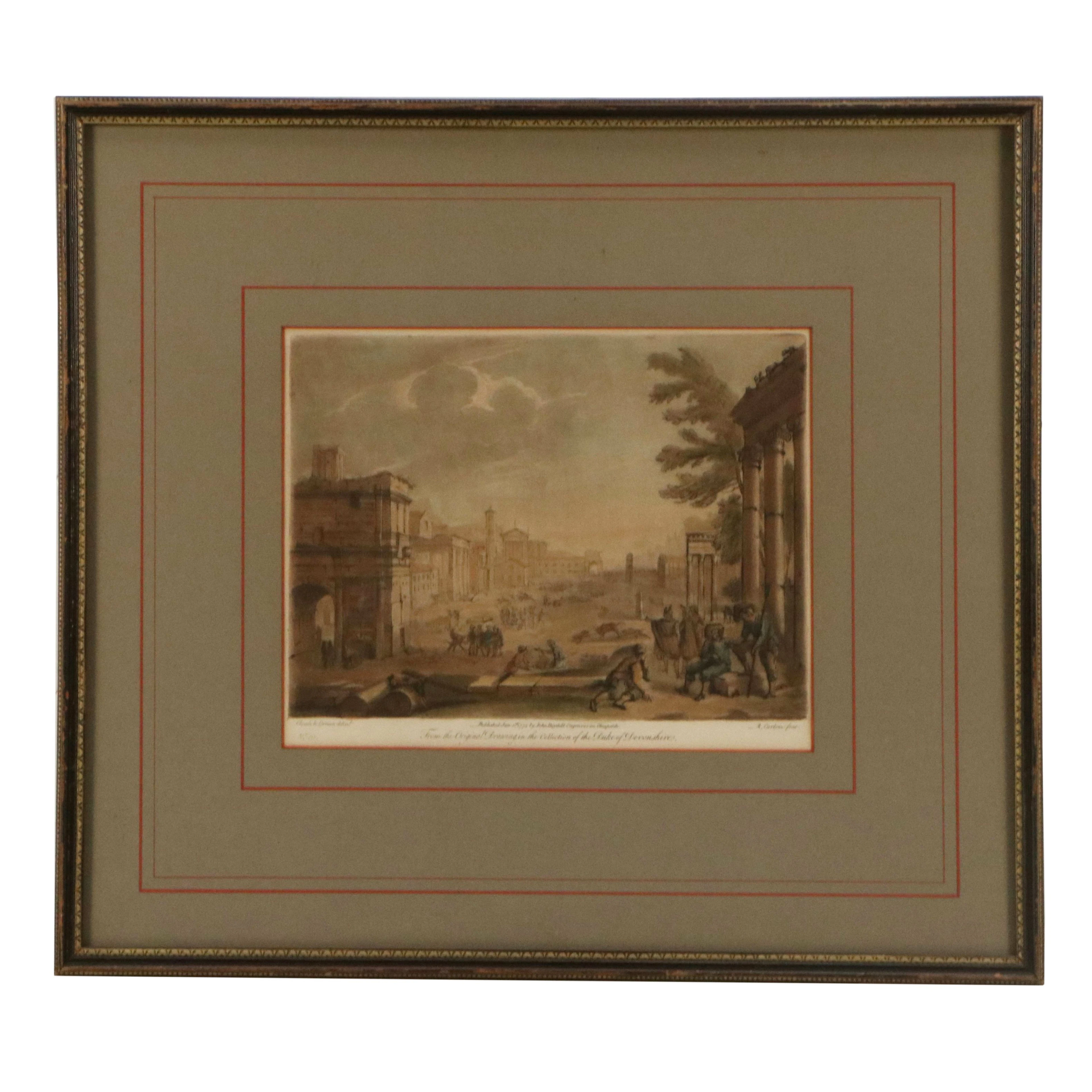 Hand-Colored Mezzotint After Claude Lorrain of Campo Vaccino, 1774