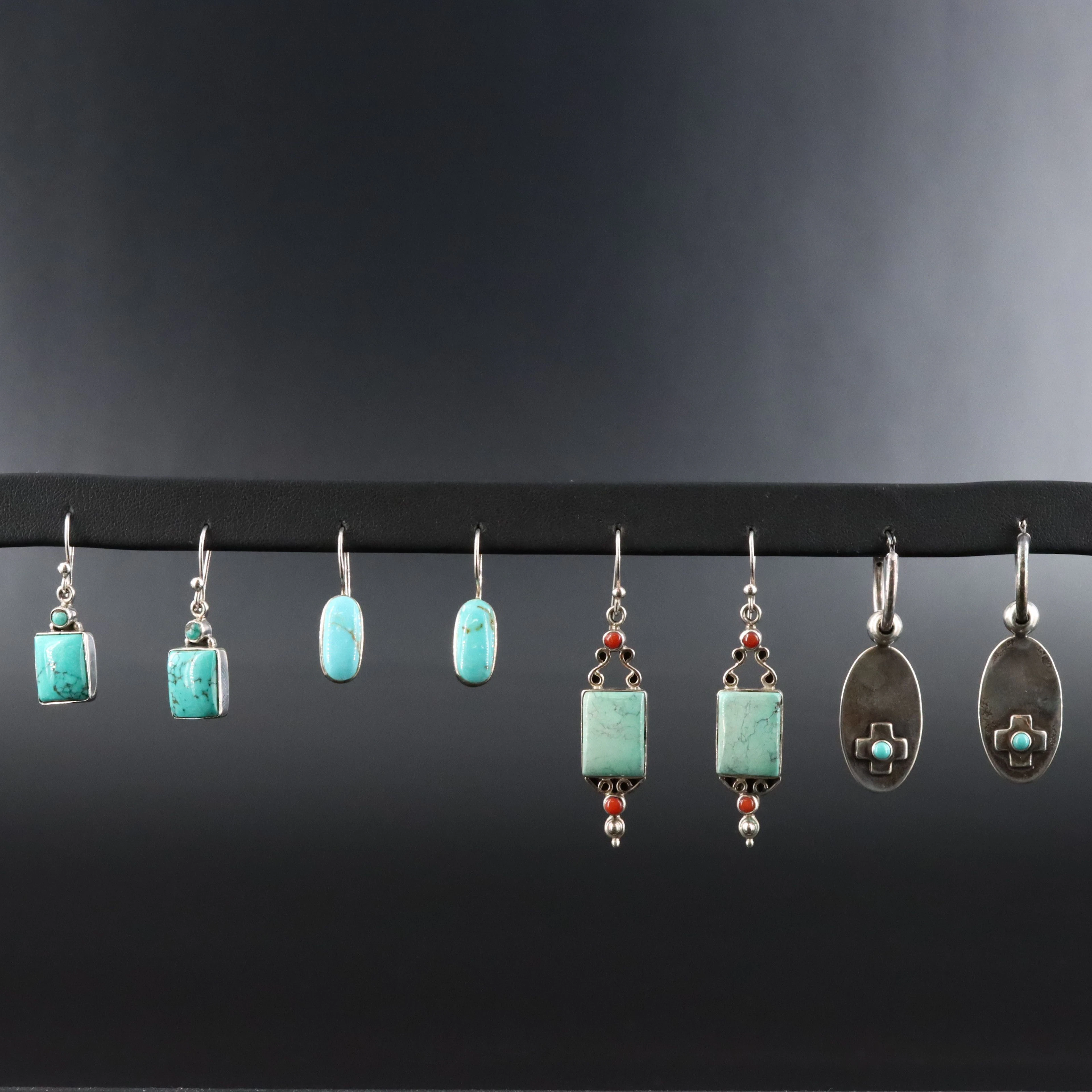 Sterling Turquoise, Howlite, and Coral Artist Signed Drop Earrings