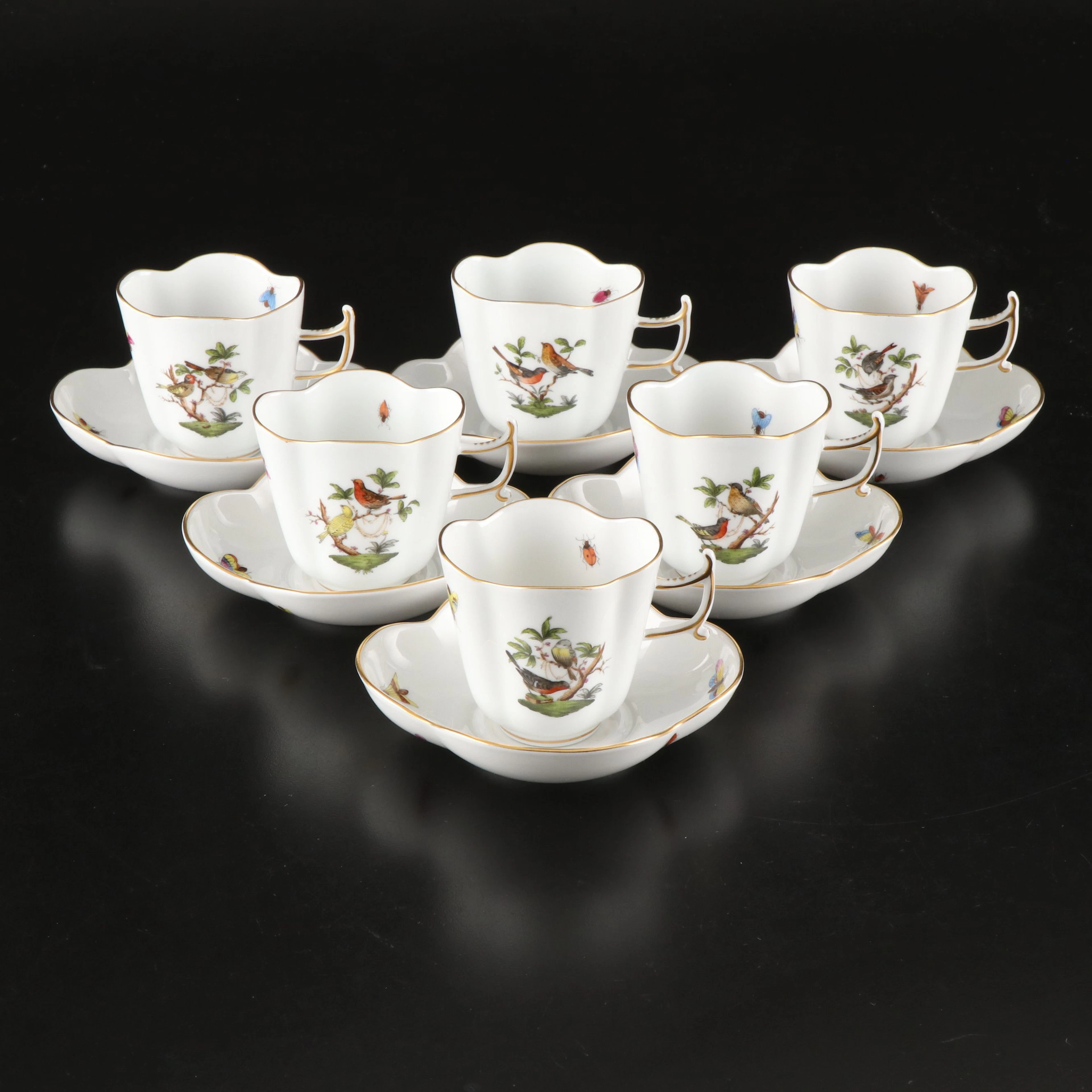 Herend Porcelain "Rothschild Bird" Clover Shaped Cups and Saucers