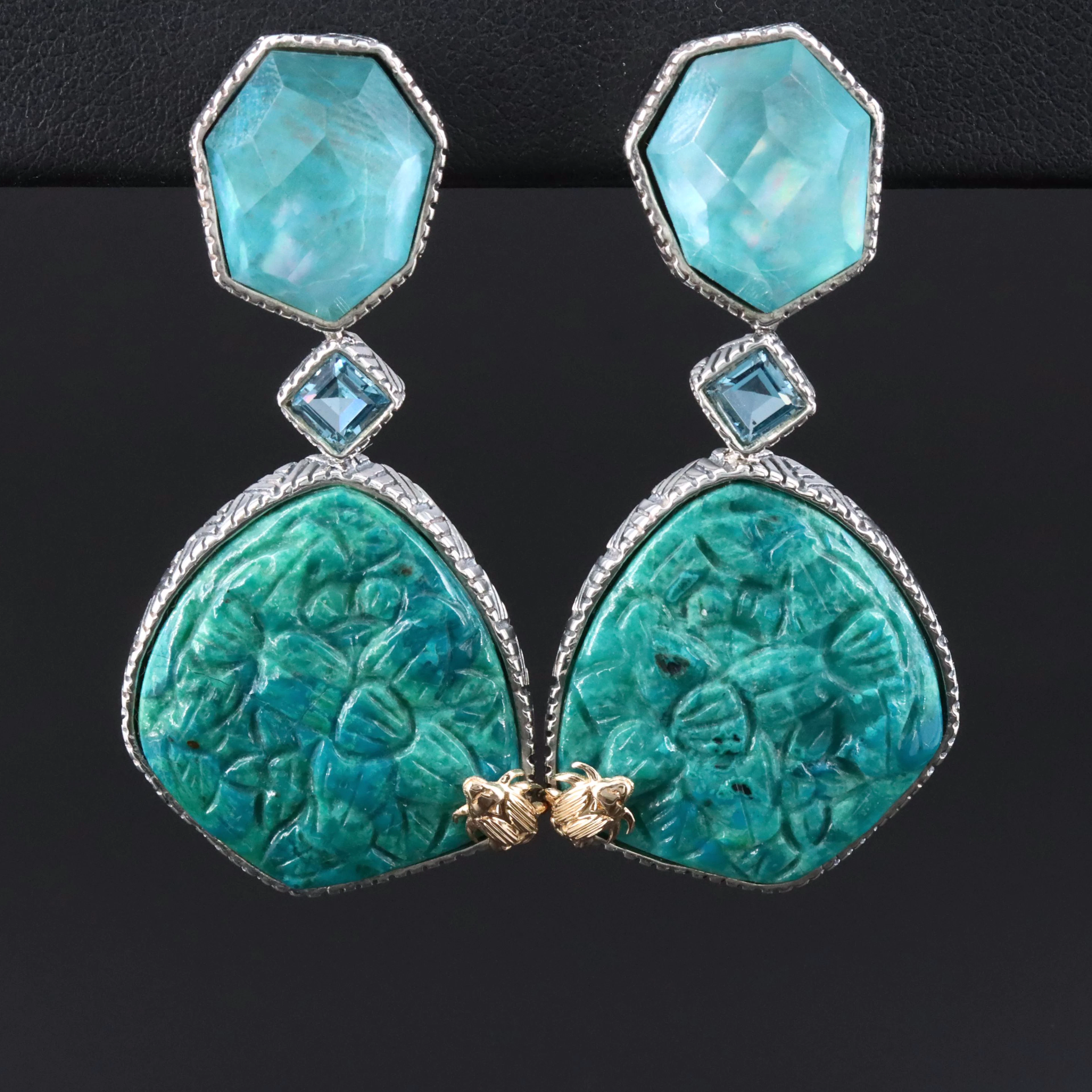 Stephen Dweck "One of a Kind" Sterling Carved Amazonite Floral Earrings
