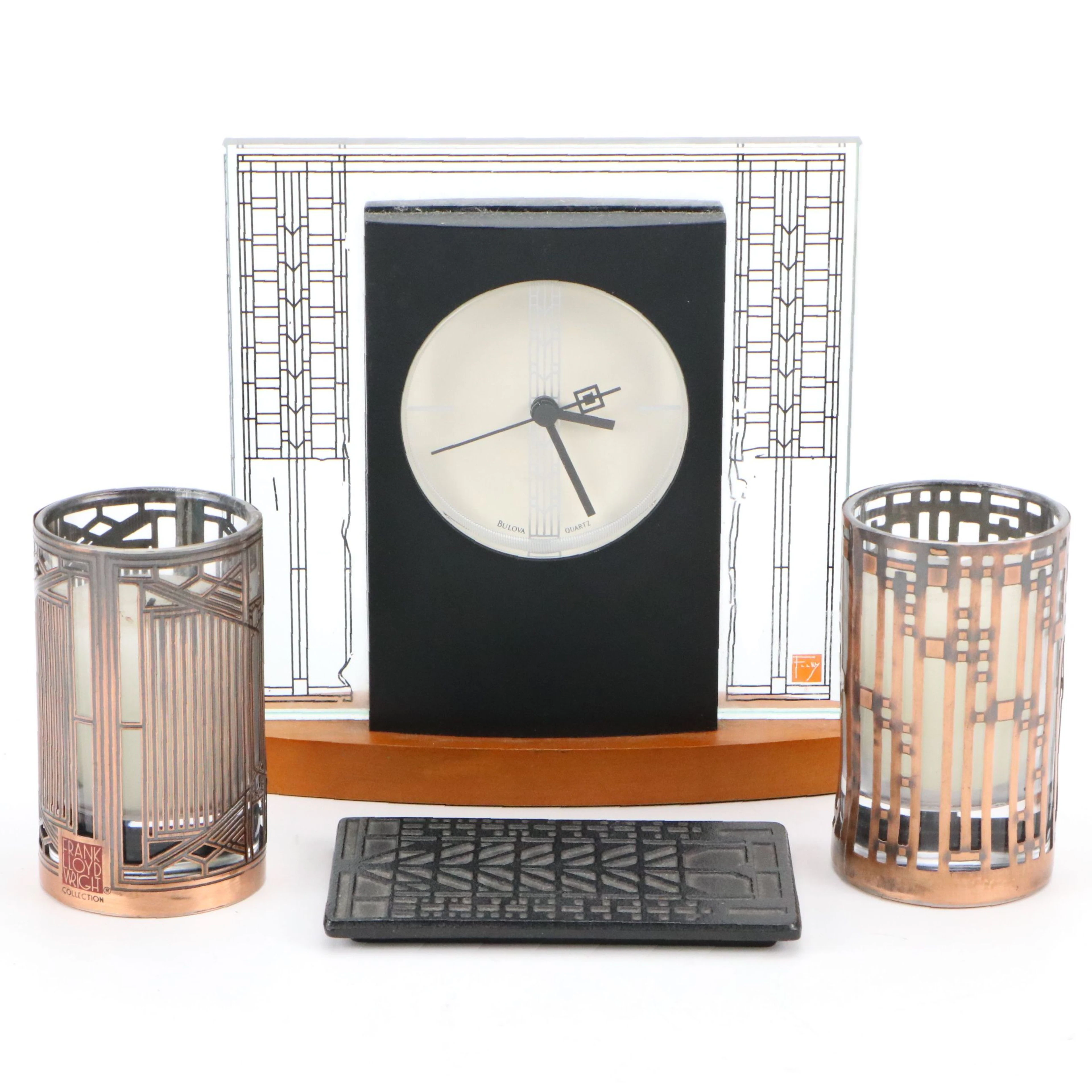 Bulova Frank Lloyd Wright Pattern Mantel Clock with Candles and Printing Block