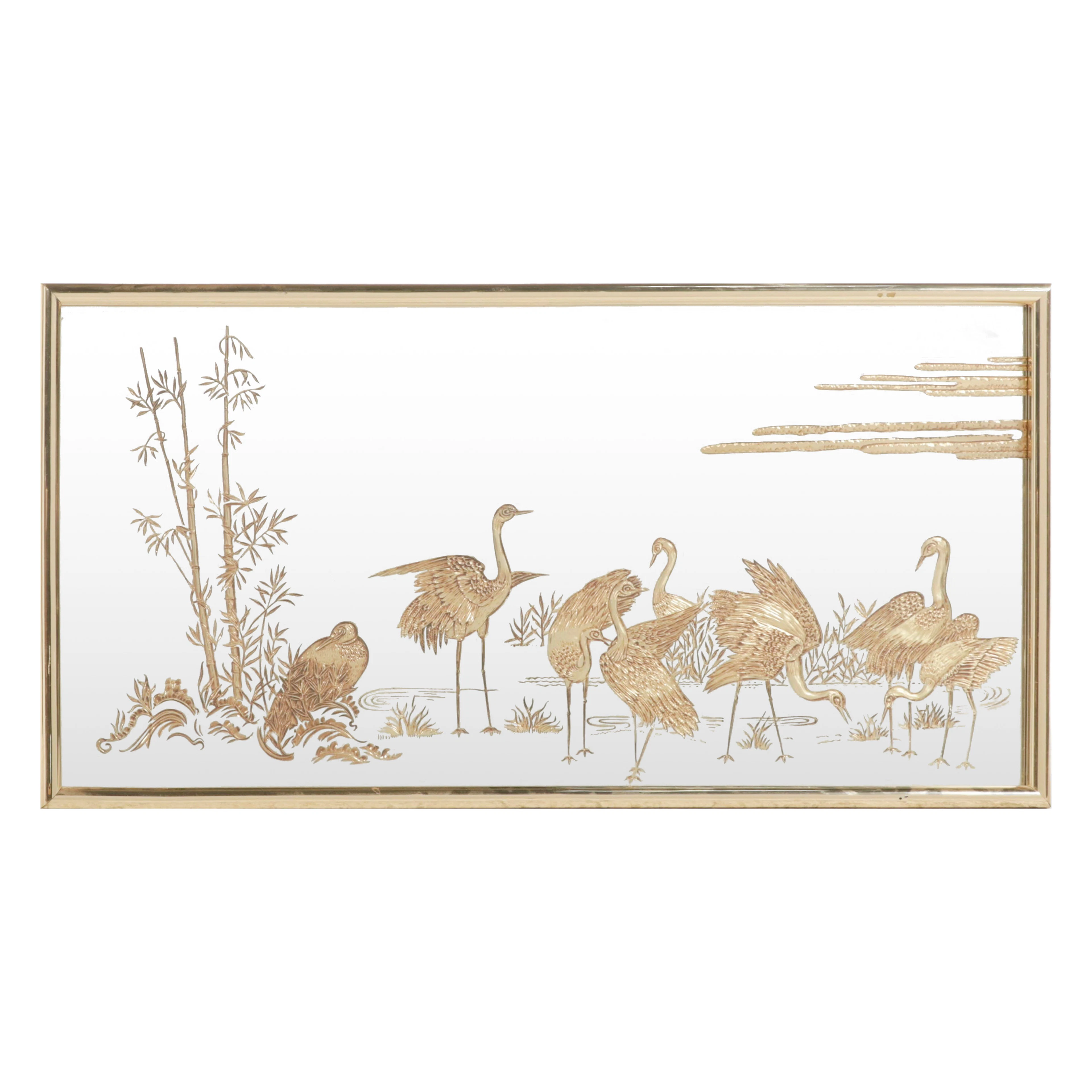 Chinoiserie Style Reliable Wall Mirror with Japanese Cranes, 1982