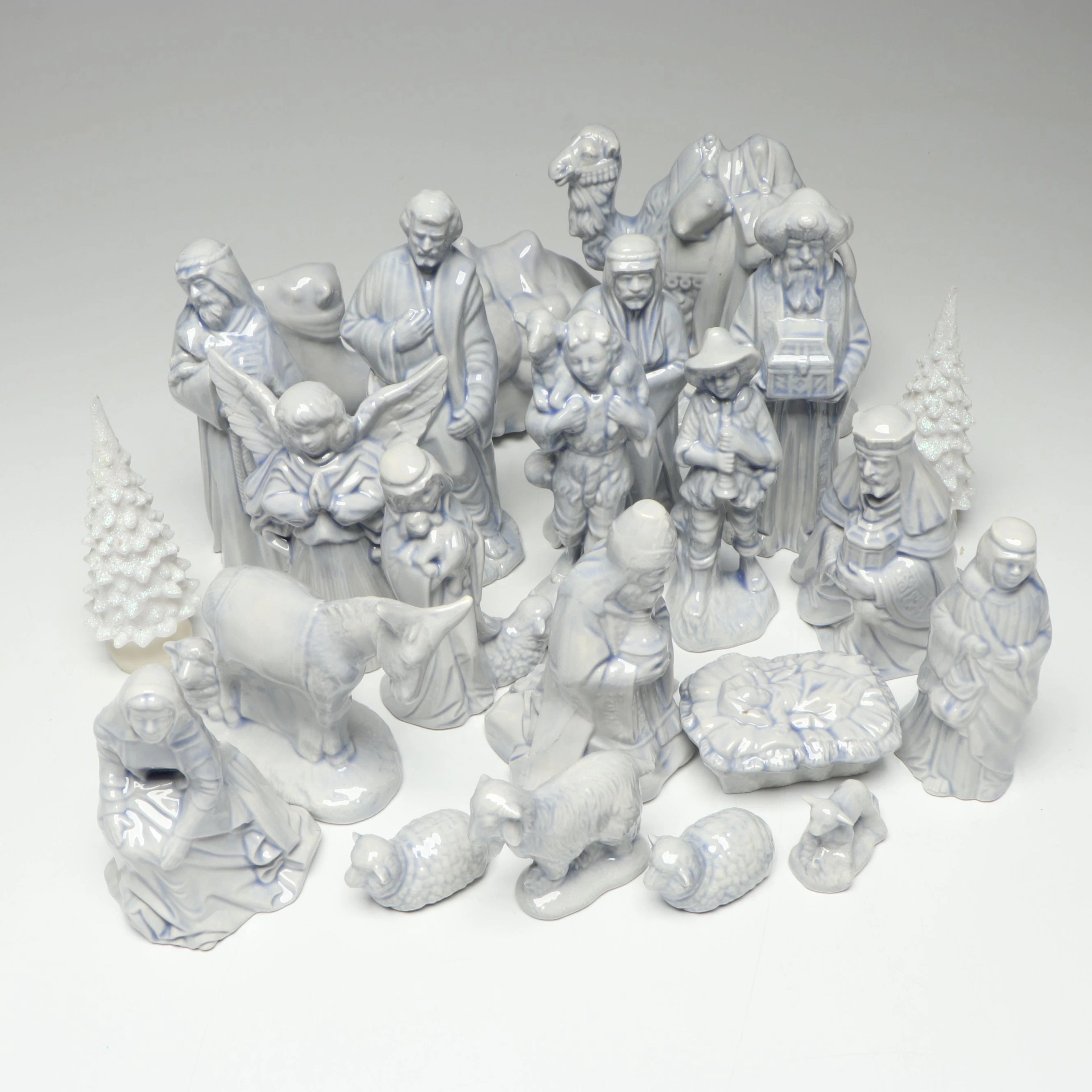 Glazed Ceramic Nativity Set with Illuminating Tree Figures