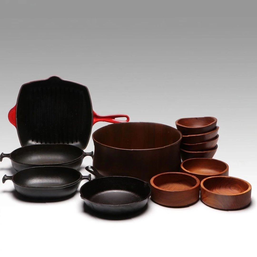 Le Creuset Enameled Cast Iron Skillet Grill, Teak Bowls and More