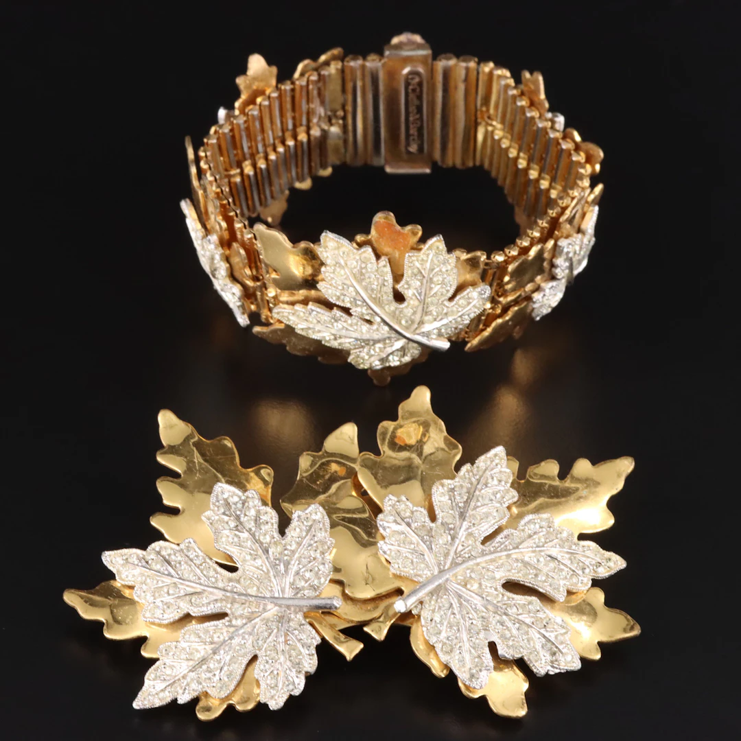 Vintage McCelland Barclay Rhinestone Maple Leaf Bracelet and Brooch