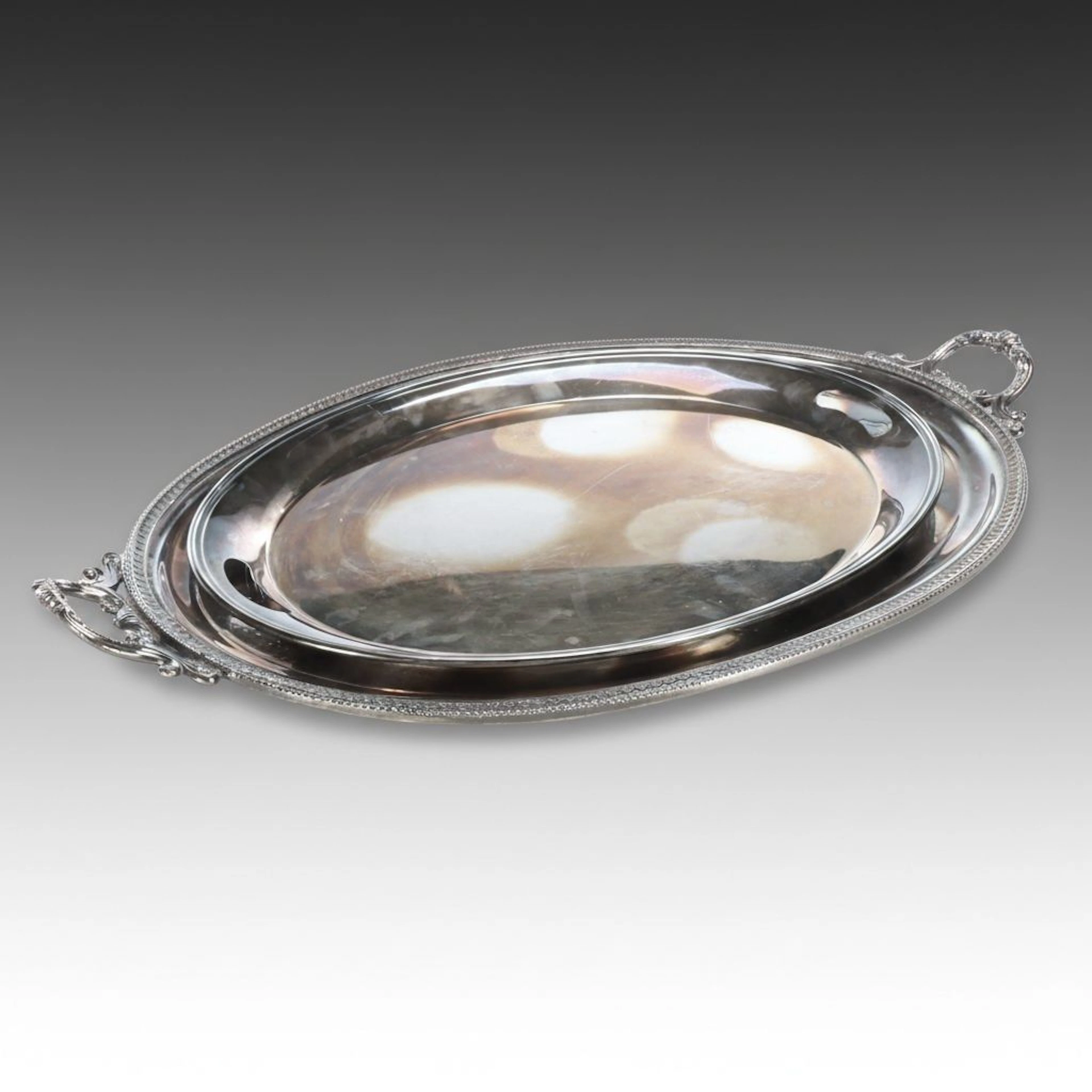 Lunt Silversmiths Silver Plate Butler's Tray with Other Ornate Handled Tray