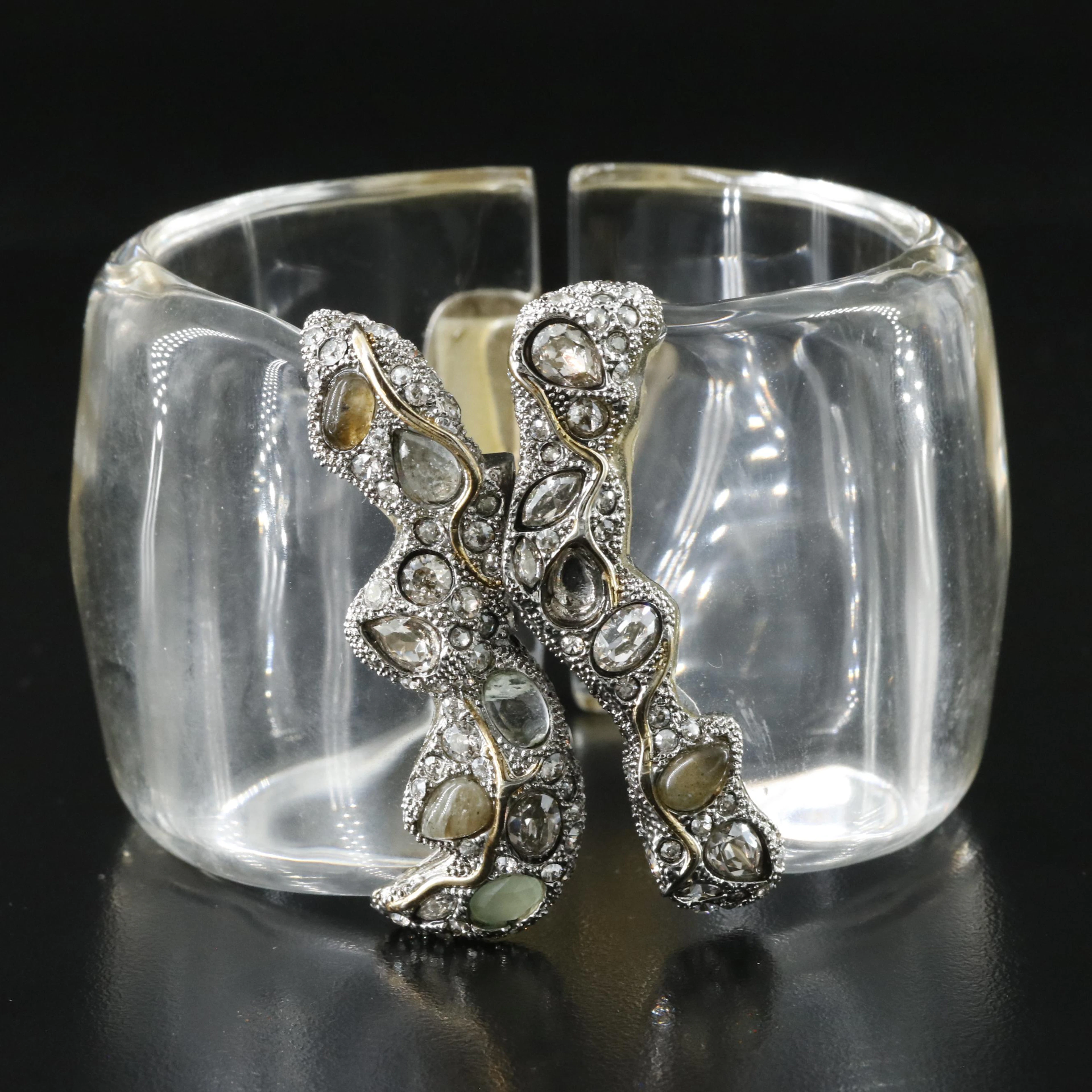 Alexis Bittar Lucite Hinged Cuff Bracelet Including Labradorite and Rhinestones